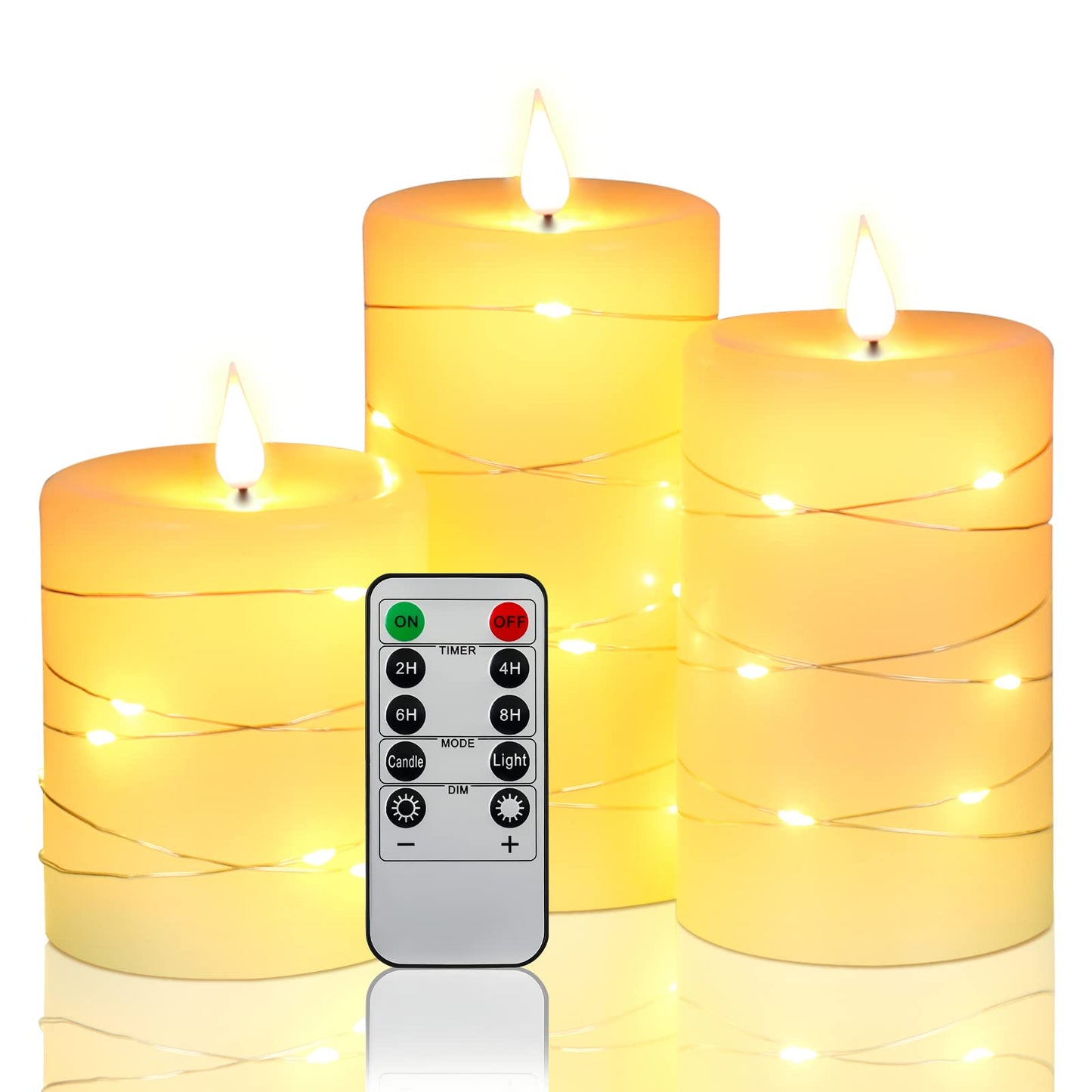 Da by Flameless Candles with String Lights，Battery Operated Candles,LED Flickering Candles with Remote Control and Timer, Real Wax, 3 Pack-Ivory