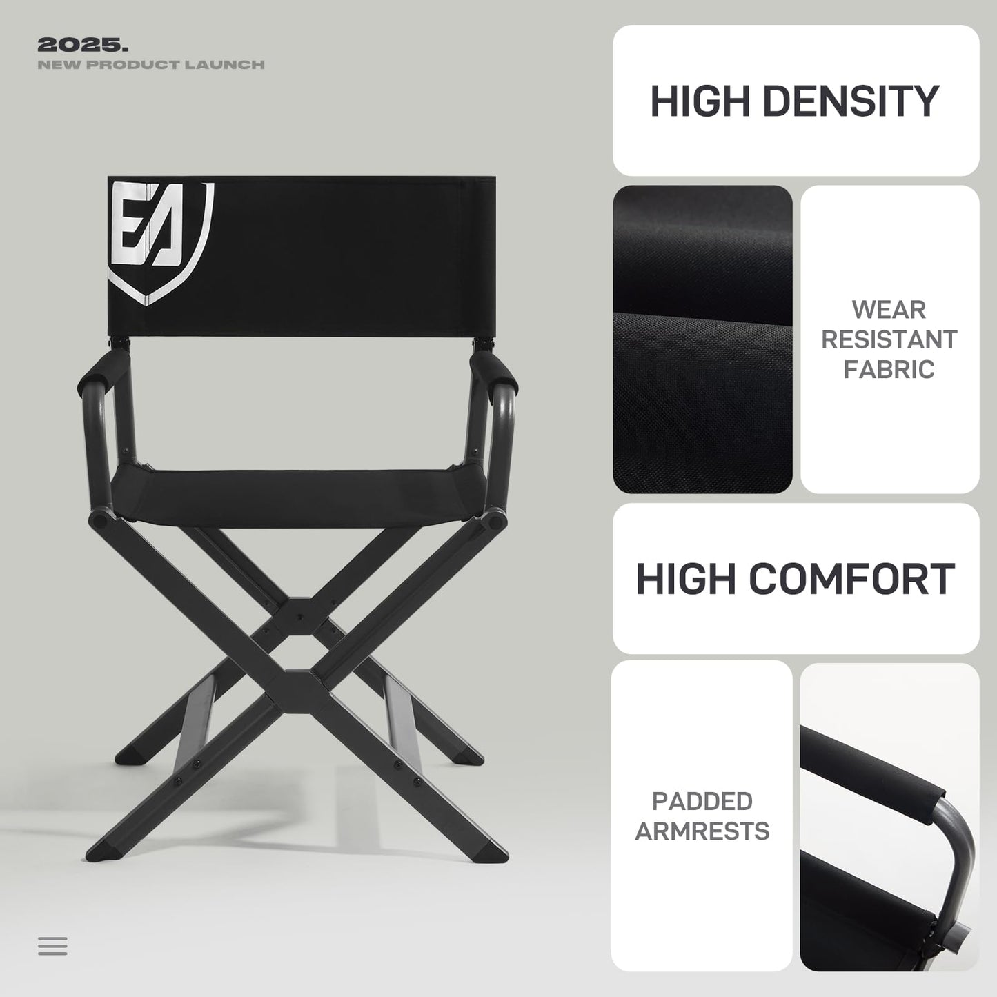 EVER ADVANCED Aluminum Lightweight Directors Chair Foldable, Folding Studio Movie Chairs Camping Event Vendor Chair, 19" Seat Height Black Fabric/Grey Frame, Support 350lbs