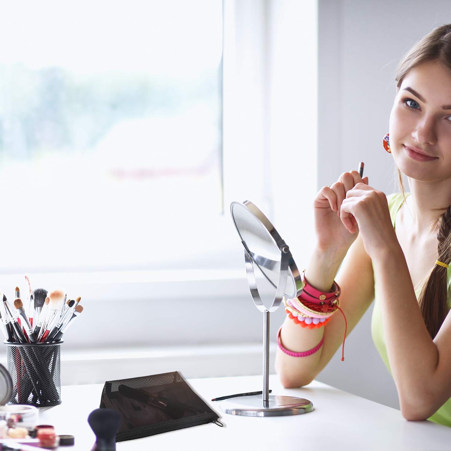 Boao 3 Piece Mesh Cosmetic Bag Mesh Makeup Bag with Zipper Pouch Travel Toiletry for Makeup Organizer Home Office Travel Accessories(Black)