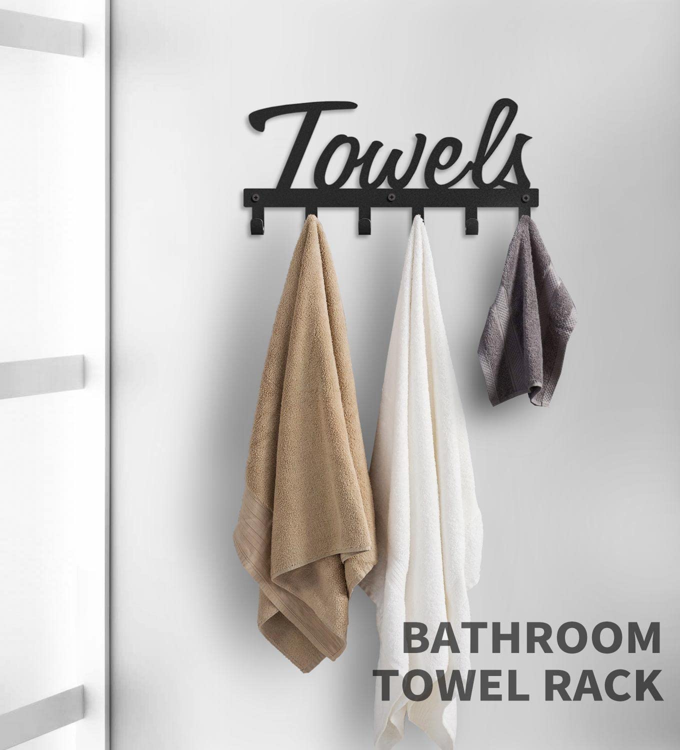 Livelab Towel Rack, Towel Racks for Bathroom Wall Mounted, 6 Hooks Black Metal Towel Holder for Bathroom Space Saving, Waterproof Rustproof Easy Install Bathroom Decor Towel Hanger Organizer