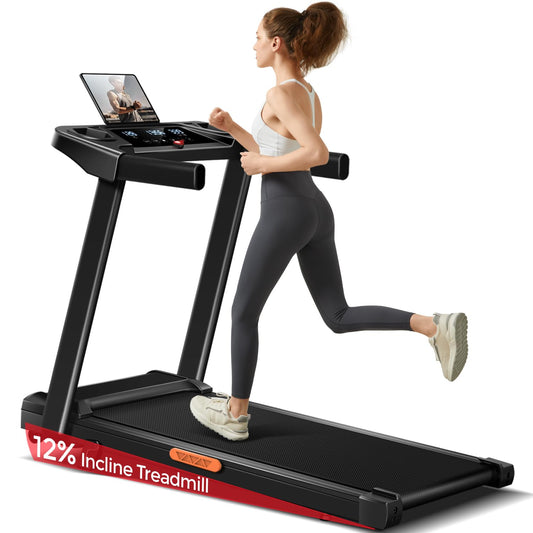 12% Incline Treadmill with Handle, 3-in-1 Portable Treadmills for Home and Office, Foldable Treadmills with 300 Lbs Weight Capacity, 3.0HP Quiet Walking Pad Treadmill, Three Touch Screen