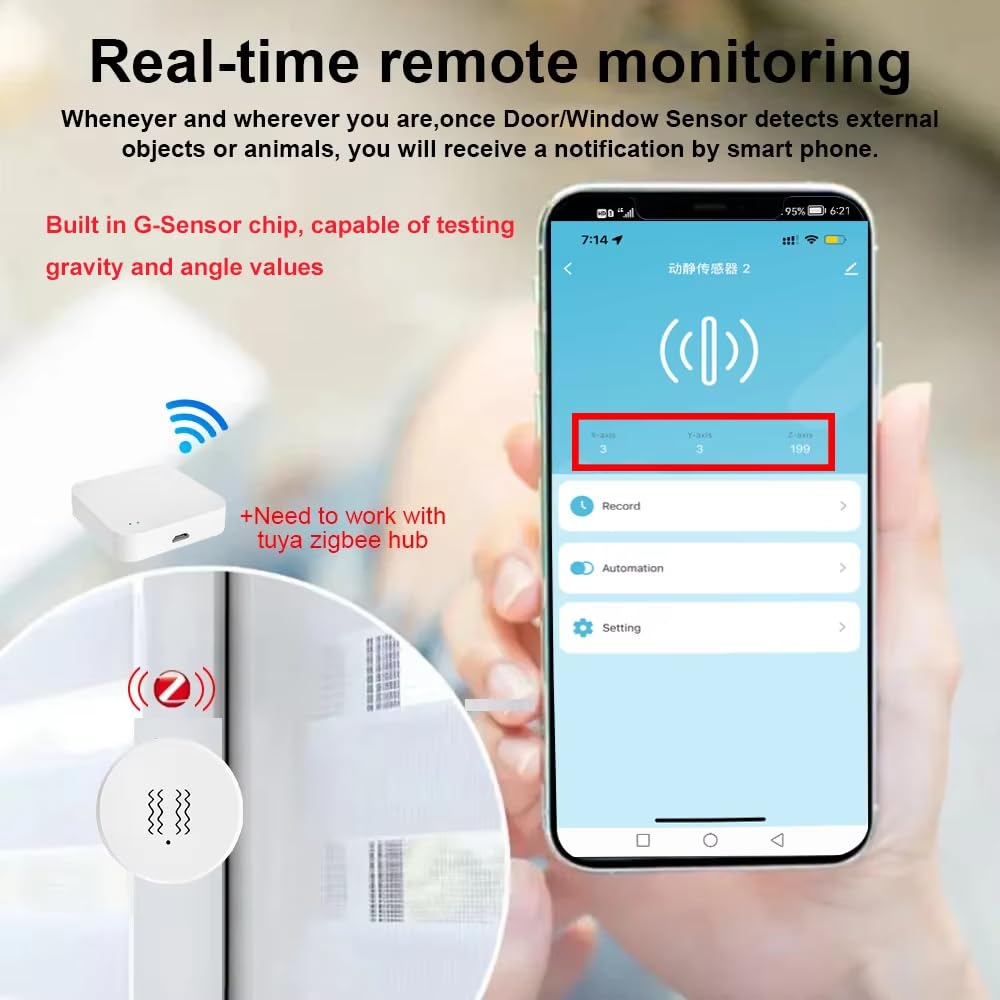 Haozee Zigbee Smart Vibration Sensor,Real Time Monitoring,Door Window Vibration Detection Alarm for Home Security,App Remote Control,Support Home Assistant Zigbee2MQTT