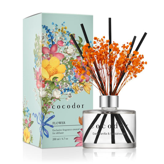 COCODOR Flower Reed Diffuser Set / 6.7oz / Dark Vanilla&Sandalwood/Scent Diffuser with Sticks Home Fragrance Reed Diffuser for Bathroom Shelf Decor