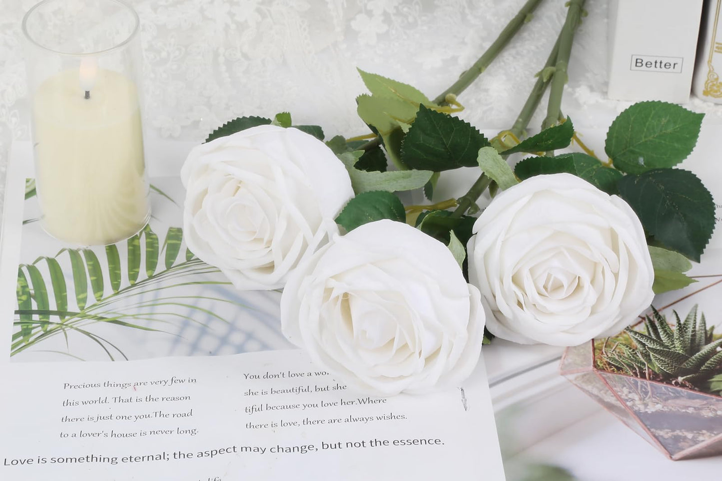 Uznaeoi 5PCS White Roses Artificial Flowers 17.3’’Real Touch Flowers Fake Rose Bouquet with Stems for Wedding Home Party Centerpieces Decoration(White)