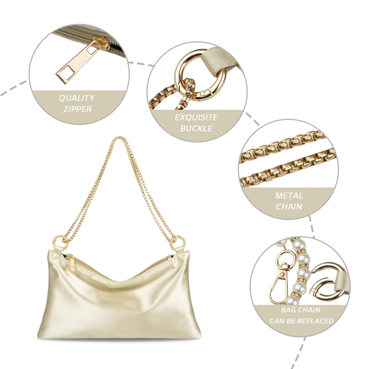 MGBPEI Women Satin Evening Handbag Wedding Prom Clutch Purse Formal Cocktail Party Clutches Shoulder Bag with 2 Bag Chains(Champagne)