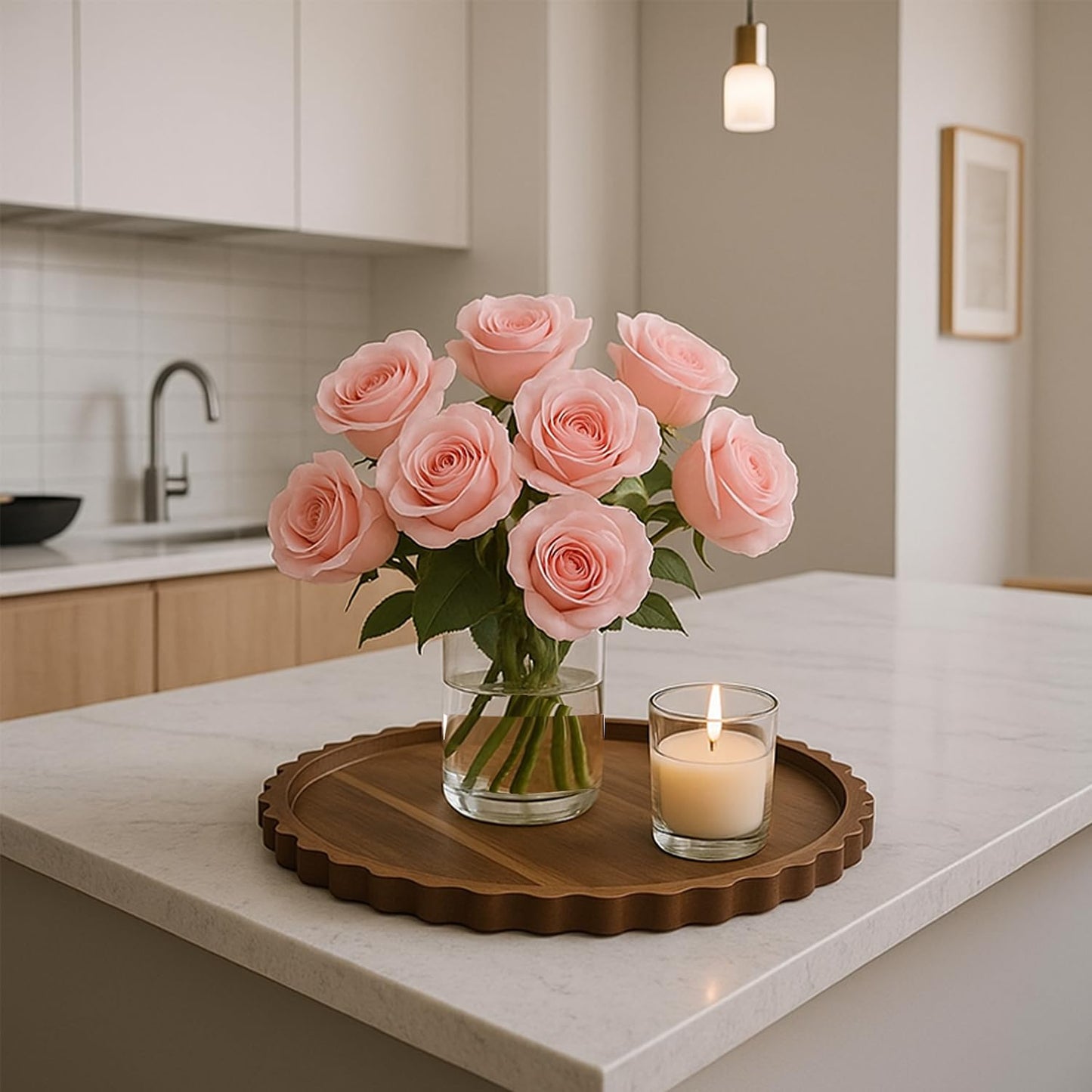 Prylenza 11.8 Inch Round Acacia Wood Decorative Tray for Coffee Table - Unique Scalloped Edge Design, Ideal Wooden Centerpiece Trays for Kitchen, Dining Room, Living Room and Home Decor