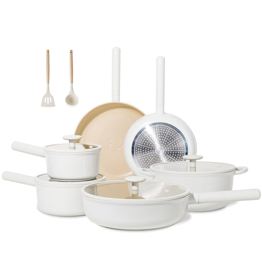 JEETEE Ceramic Cookware Sets 17pcs, Pots and Pans Set Non Stick, Healthy Induction Kitchen Cooking Set with Removable Handles, Stackable Pots Pans, Oven Safe, PFOA/PFOS Free, Beige