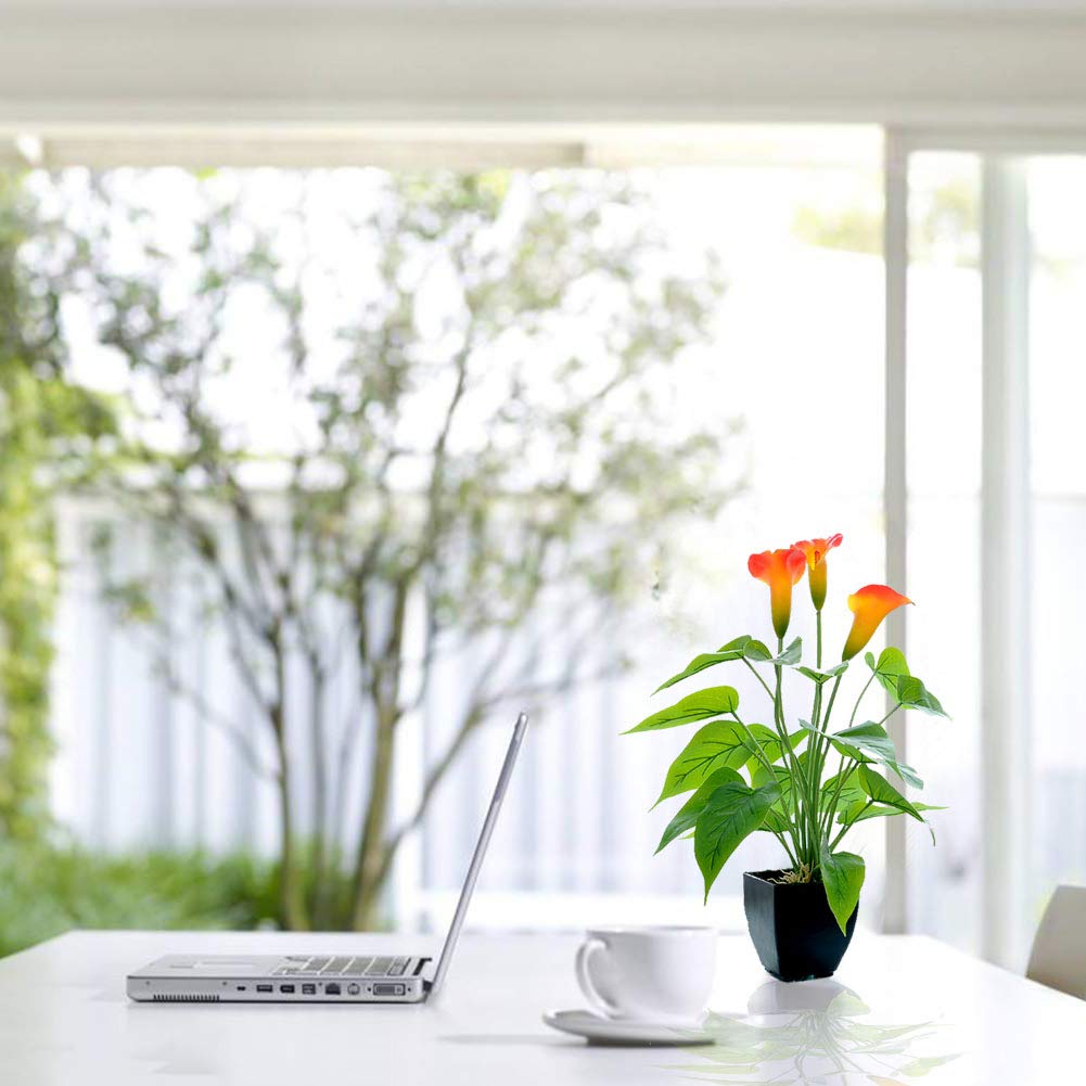 Artificial Flower Plants Calla Lily Faux Small Potted Plant with Black Pot Fake Bonsai Flower for Home, Office, Indoor and Outdoor Occasions Decor (Orange Fake Flower)