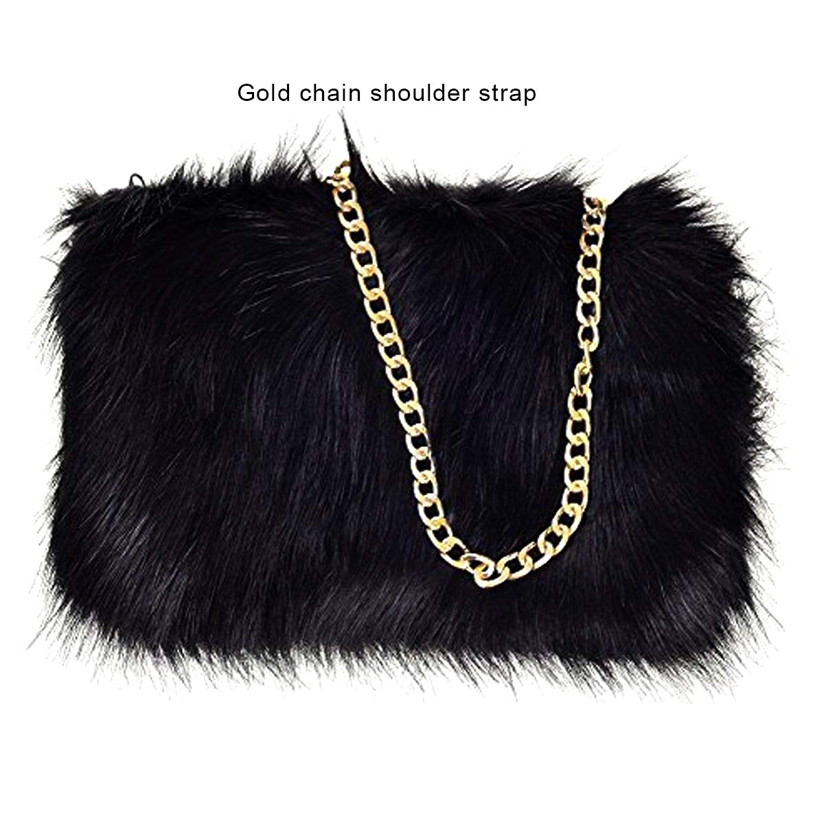 FHQHTH Faux Fox Fur Purse Fuzzy Handbags for Women Evening Handbags Al alloy Shoulder Strap [Black]