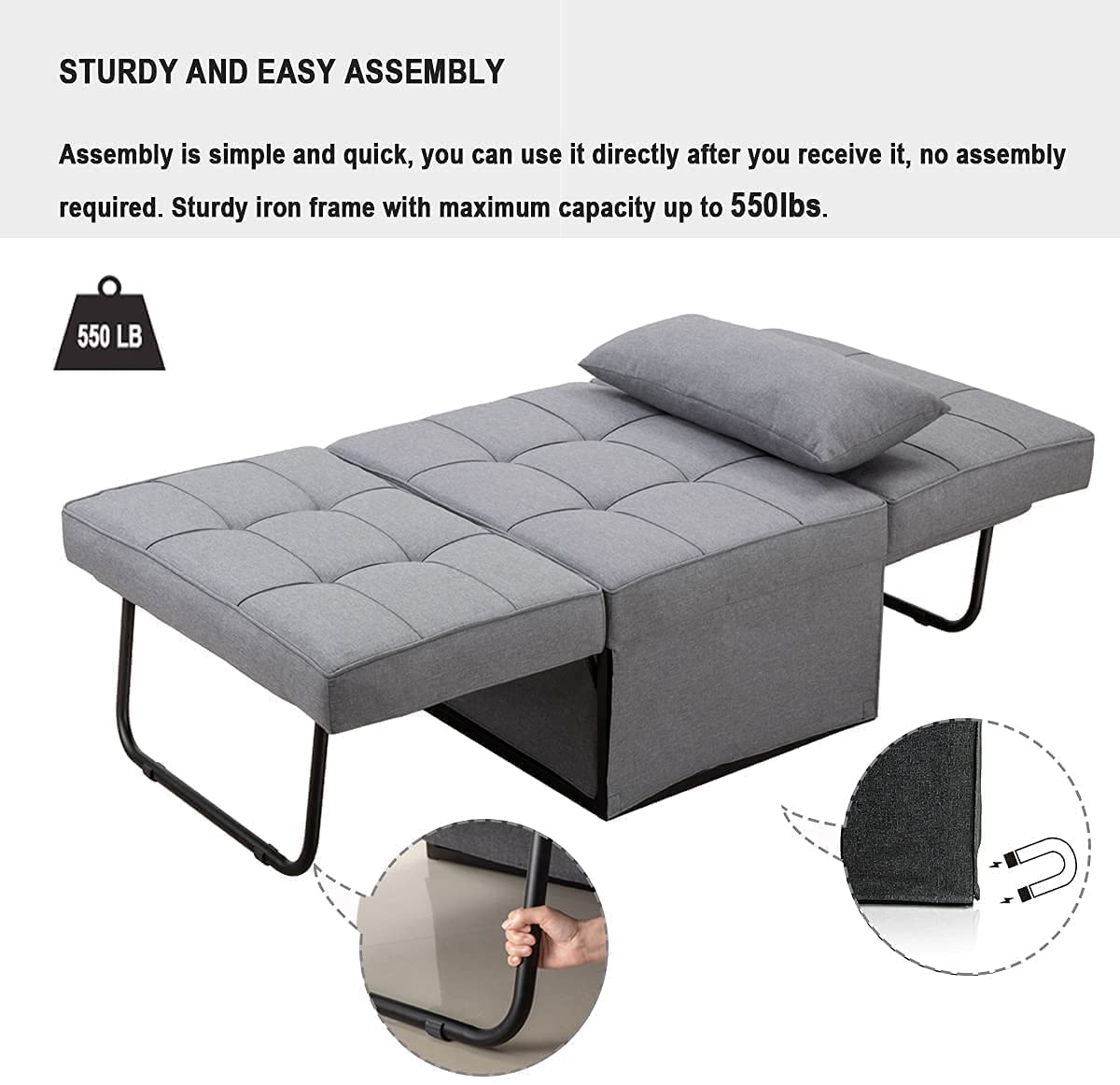 BIGSYY Sofa Bed, 4 in 1 Multi Function Folding Ottoman Sleeper Bed,Modern Convertible Chair Adjustable Backrest Sleeper Couch Bed for Living Room Small Room Apartment, Light Grey