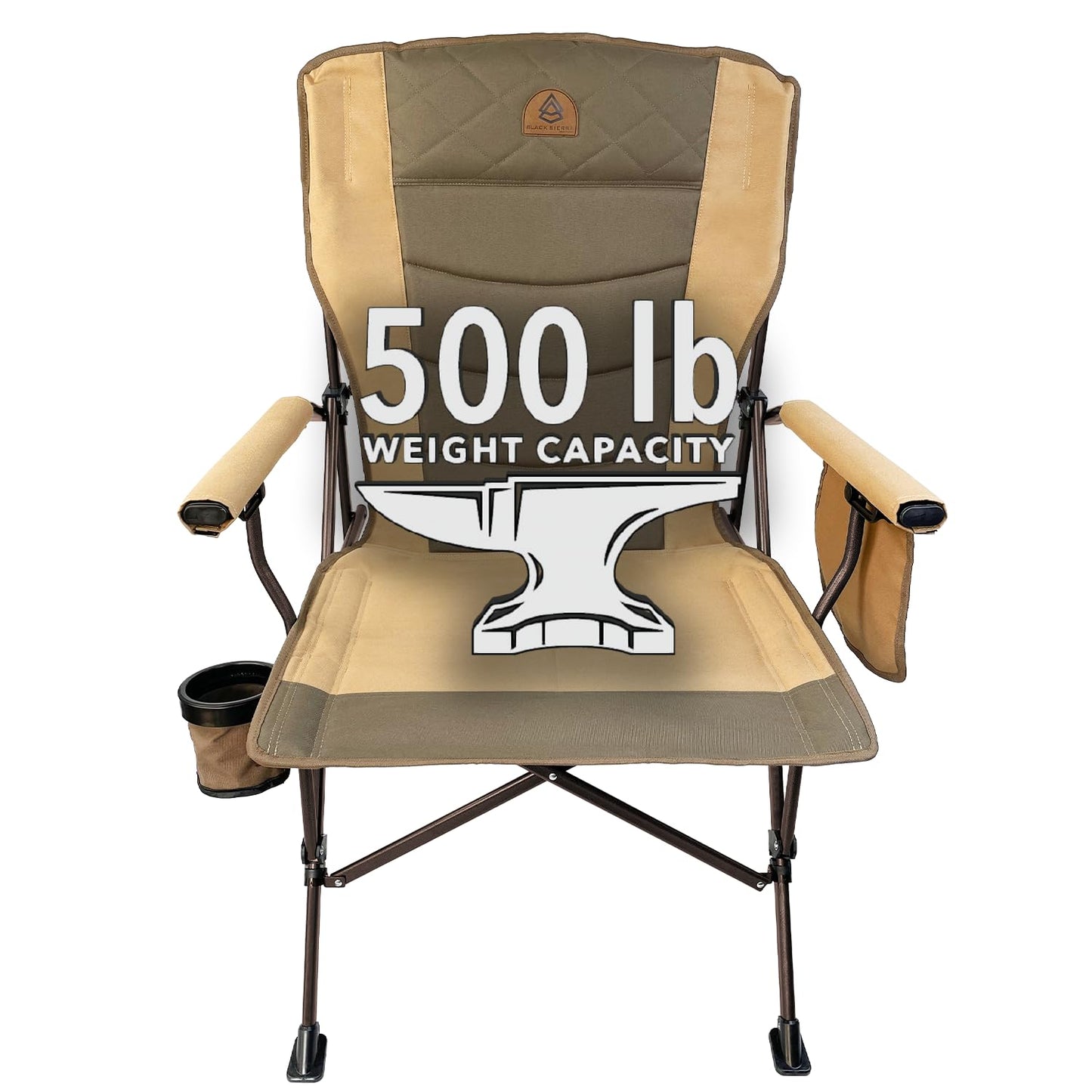 Black Sierra Oversize Camping Chair for Adults Supports 500 lbs, XL Heavy Duty Hard Arm Folding Chair, Steel Frame Durable Padded Outdoor Seat, Portable Fold Up Chair w/Cup Holder and Storage Bag