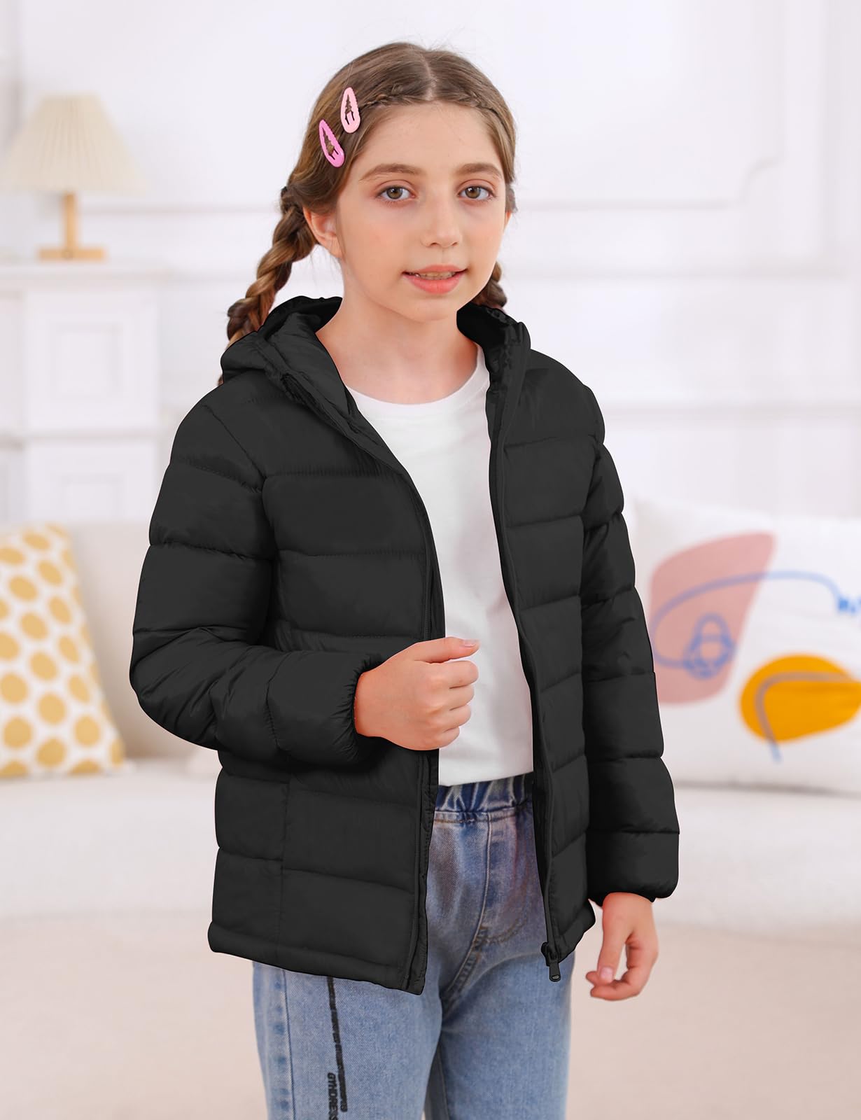 Enlifety Kids Jackets Size 6 7 Girls Black Winter Coat Lightweight Packable Hooded Puffer Jacket
