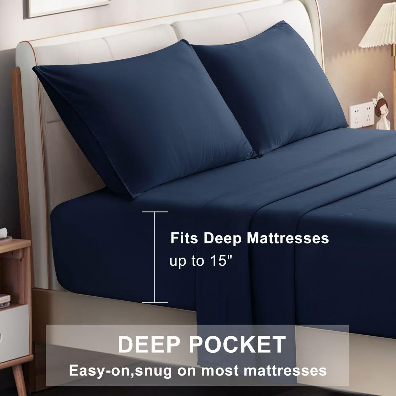 Cal King Size 4 Piece Bed Sheet Set - Ultra Imitation Cotton-Premium Breathable & Cooling Sheets - Hotel Luxury Bed Sheets Deep Pocket up to 15"- Wrinkle, Stain Resistant (Navy Blue, California King)