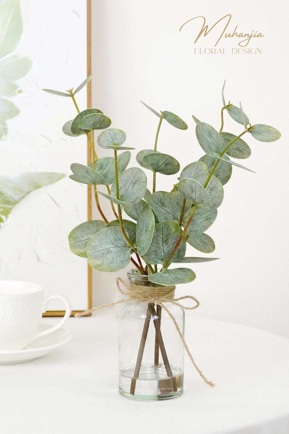 Muhanjia Artificial Eucalyptus Stems in Glass Vase with Faux Water,3Pcs Fake Plant with Double-Sided Green Leaves for Centerpiece(Double-Sided Green Eucalyptus)