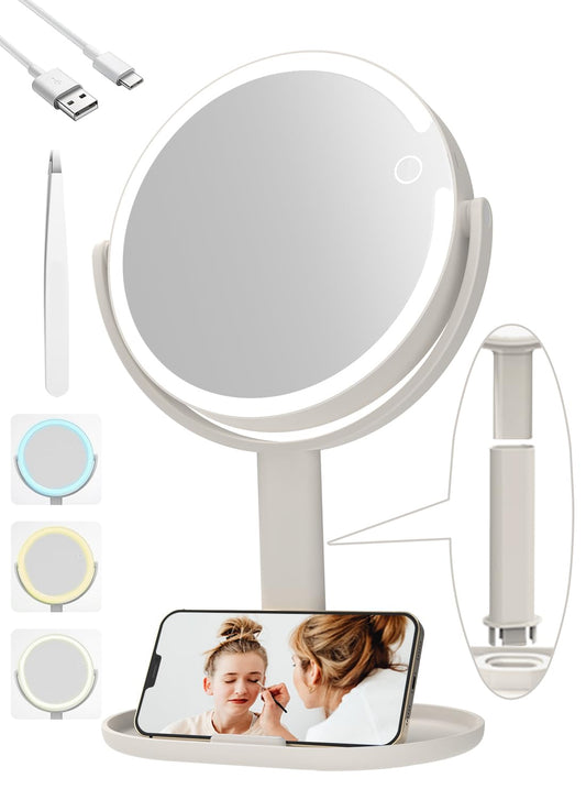 YOLOZAI Starlight Vanity Mirror with Lights, 2-Sided Makeup Mirror with 3 Color Adjustable Brightness Light, Magnifying Mirror with Phone Holder and Storage Tray, Vanity Mirror for Home Travel 8in