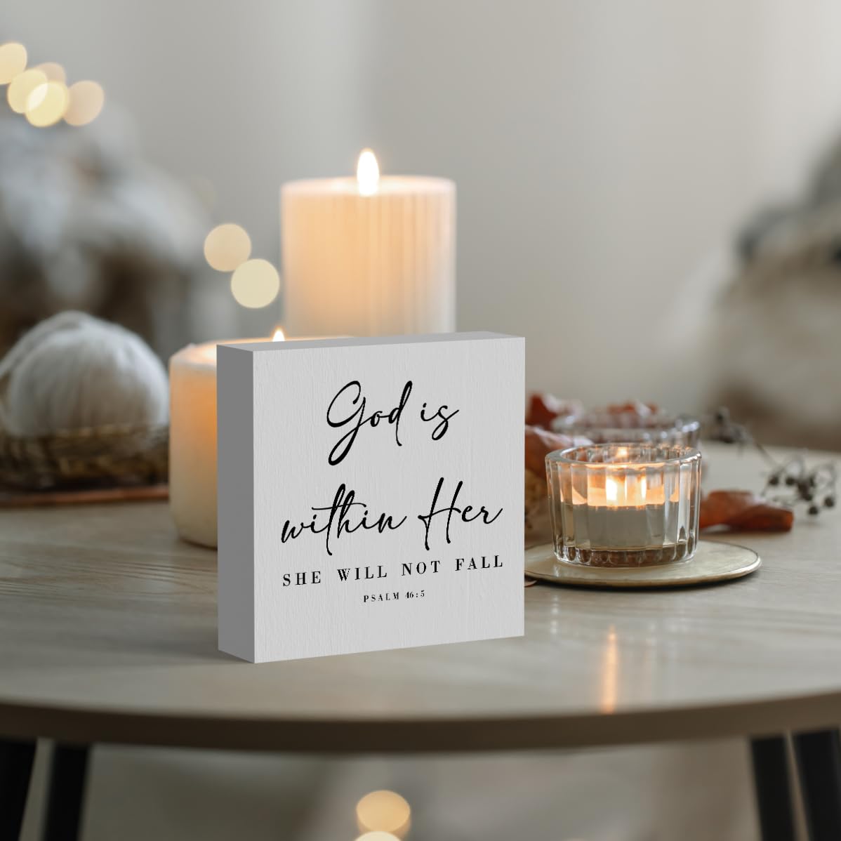 God is within Her Bible Verse Artwork Wood Box Sign Rustic Farmhouse Style Psalm 46 : 5 Christian Wood Block Plaque 5 X 5 Inches Home Office Desk Sign Decor for Presents
