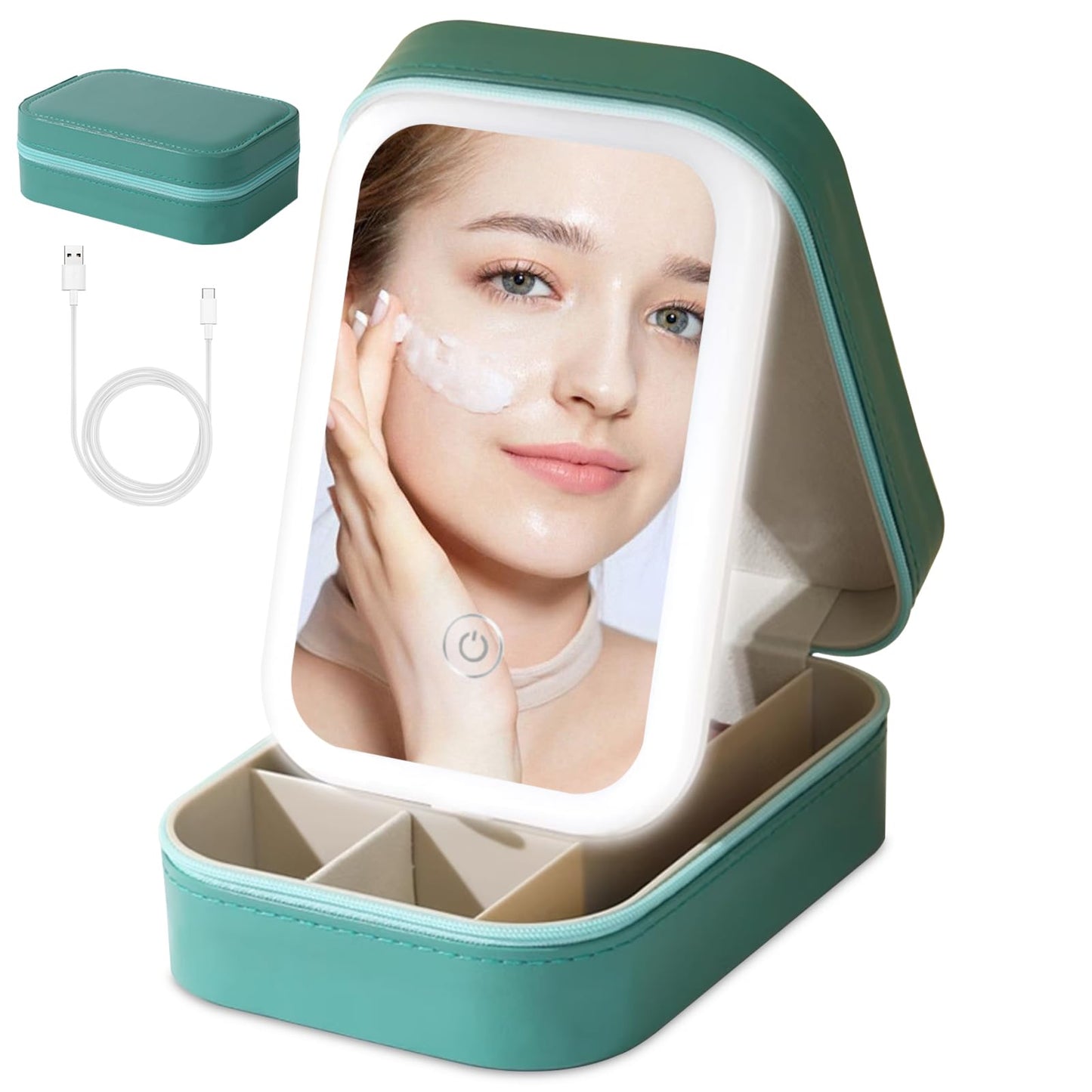 Small Travel LED Makeup Mirror Case with 3 Adjustable Color Light Settings, Dust-Proof Jewelry Box, Mini Cosmetic Train Case Ideal for Short Trips (Green)