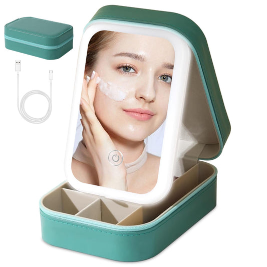Small Travel LED Makeup Mirror Case with 3 Adjustable Color Light Settings, Dust-Proof Jewelry Box, Mini Cosmetic Train Case Ideal for Short Trips (Green)