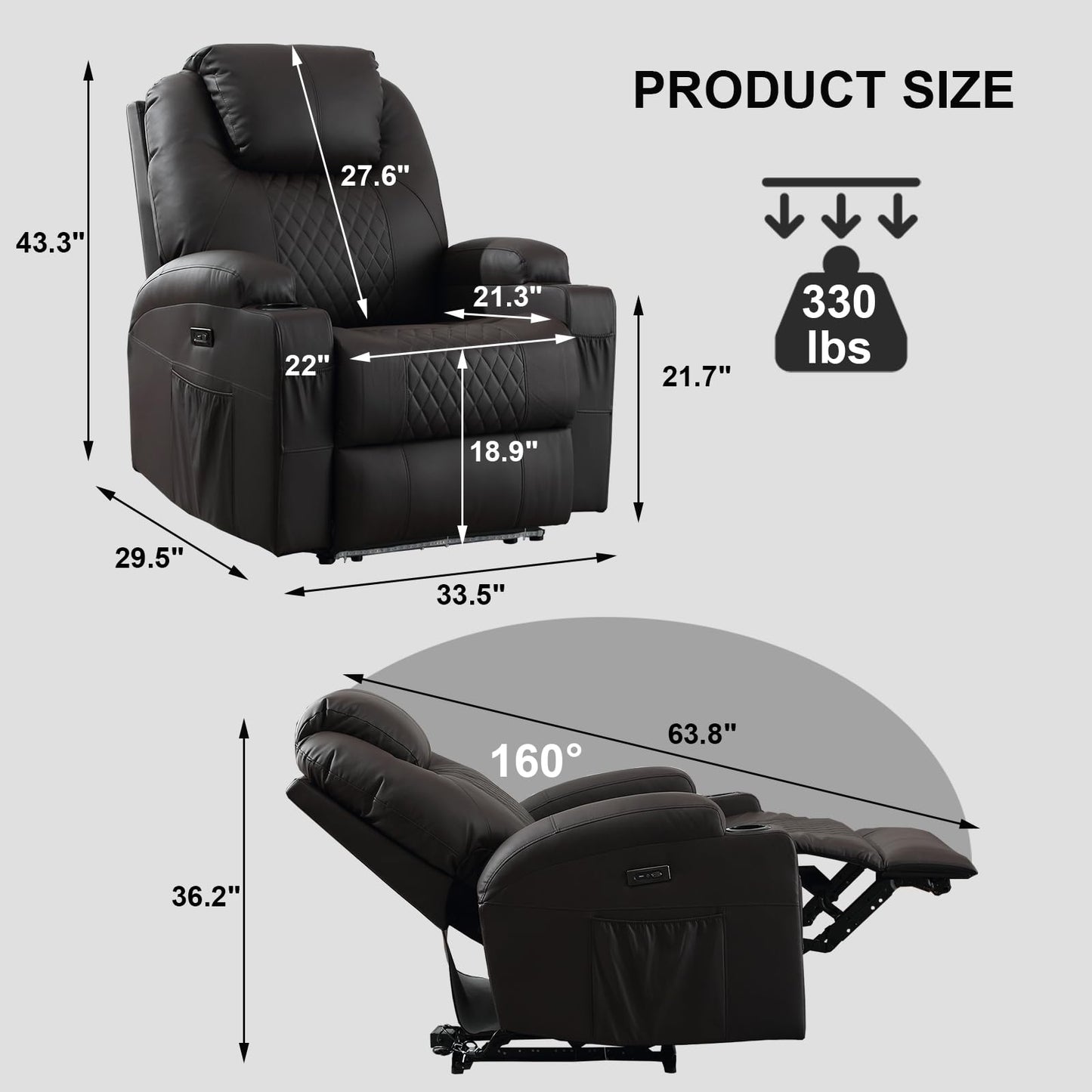 IBTKIG Power Recliner Chair with Heat and Massage, PU Leather Home Theater Seating with LED Lights/Cup Holders/Side Pocket/USB Port, Reclining Sofa Chair for Living Room (1, Brown)