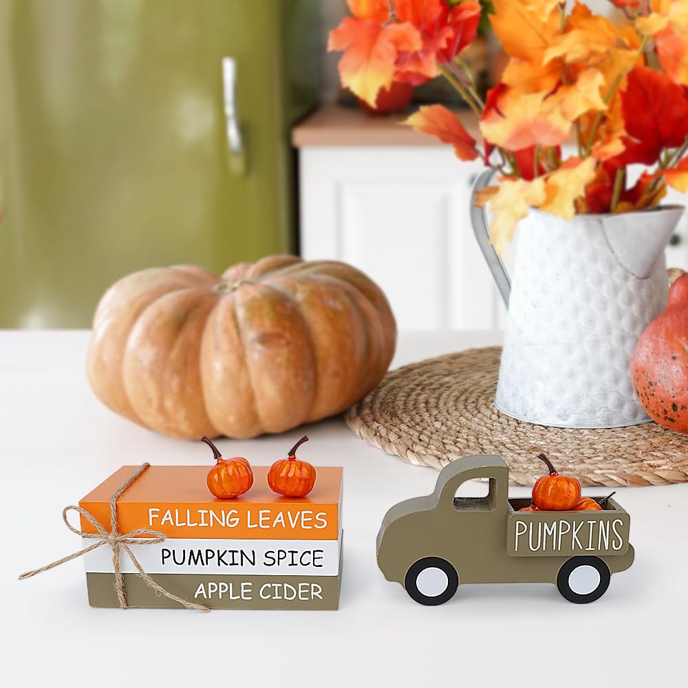 AKEROCK Fall Table Decor, Farmhouse Wooden Fall Signs with Book Stack, 3D Truck and 5 Individual Pumpkins for Tiered Tray, Coffee Bar, Shelf and Mantle Decor - Fall Decorations for Home