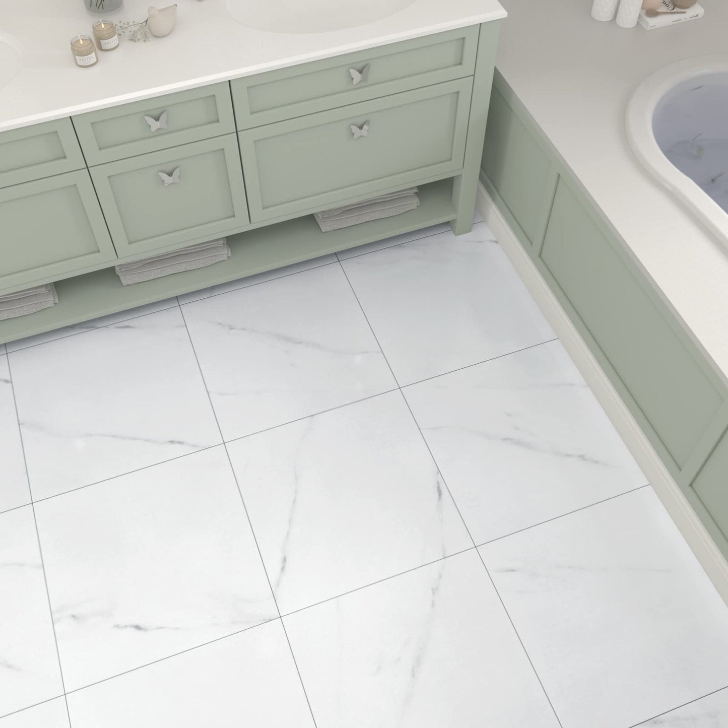 WESTICK White Marble Bathroom Stick on Floor Tiles Peel and Stick Waterproof Vinyl Flooring Adhesive Flooring Tiles for Kitchen Bedroom Camper 12 x 12 in 5 PCS