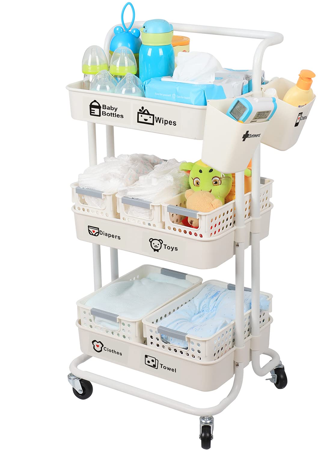 Baby Diaper Caddy Organizer Cart, 3-Tier Sturdy Movable Rolling Cart with Baskets and Hanging Cups, Large Capacity Newborn Nursery Essentials Diaper Storage for Changing Table & Crib, Easy to Assemble