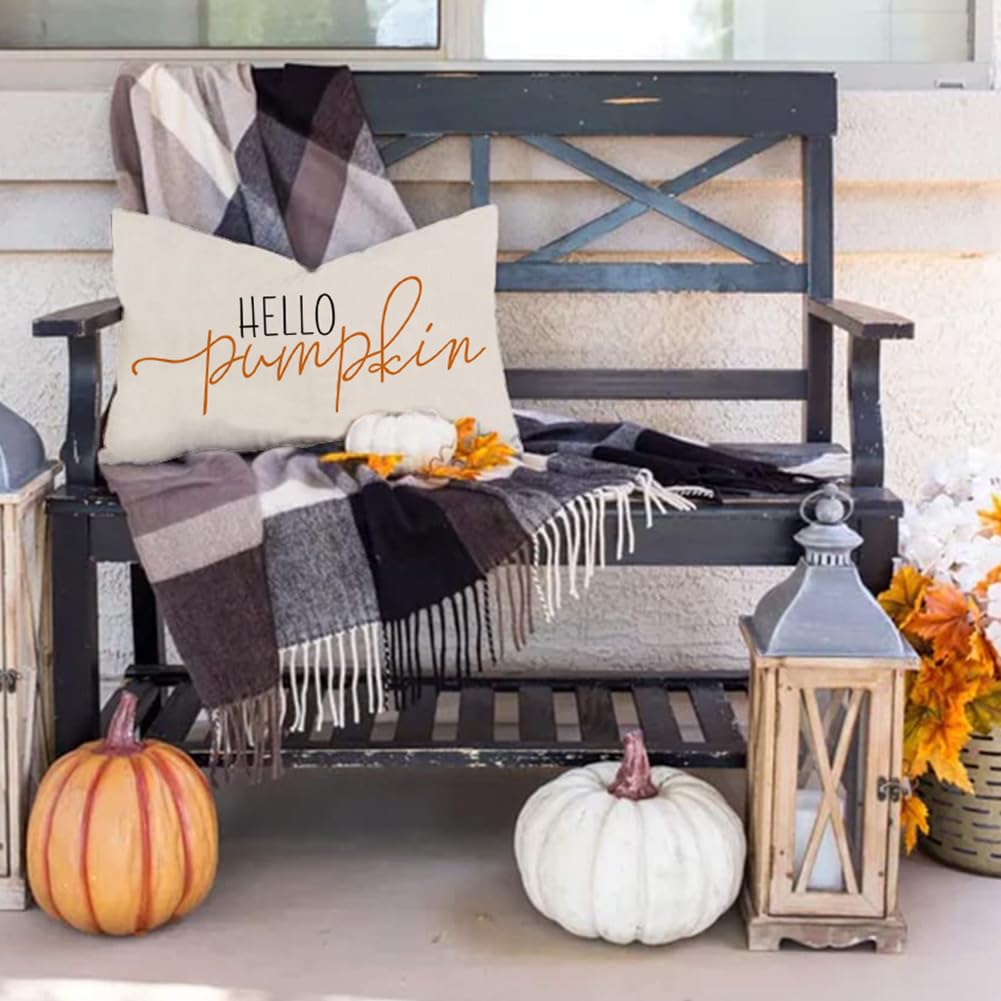 RABUSOFA Fall Pillow Covers 12x20 Inch,Autumn Hello Pumpkin Pillows Decorative Throw Pillows,Lumbar Outdoor Thanksgiving Cushion Cover Farmhosue Fall Decor for Bedroom Couch Sofa White