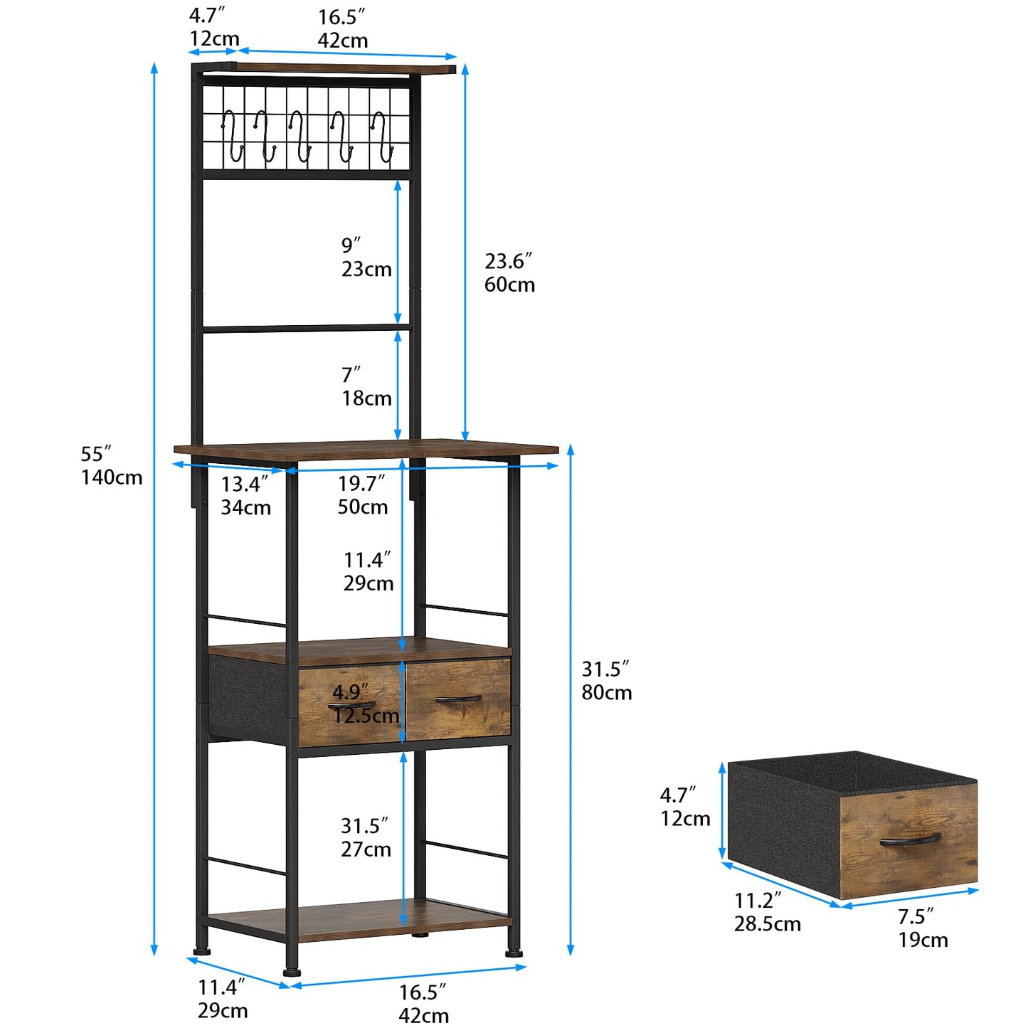 GiftGo Small Coffee Bar Station Narrow Corner Baker Rack Stand with 2 Storage Fabric Drawers 5 S Hooks for Small Spaces Farmhouse Bakers Rack for Kitchen, Entryway, Living Room (Brown, Narrow)