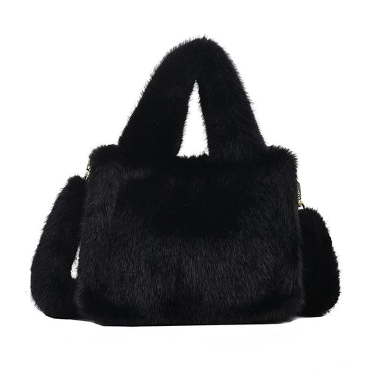 Extolove Fluffy Tote Bag Mini Faux Fur Purses for Women Winter Fuzzy Tote Soft Furry Crossbody Handbag Plush Bags (A Black)