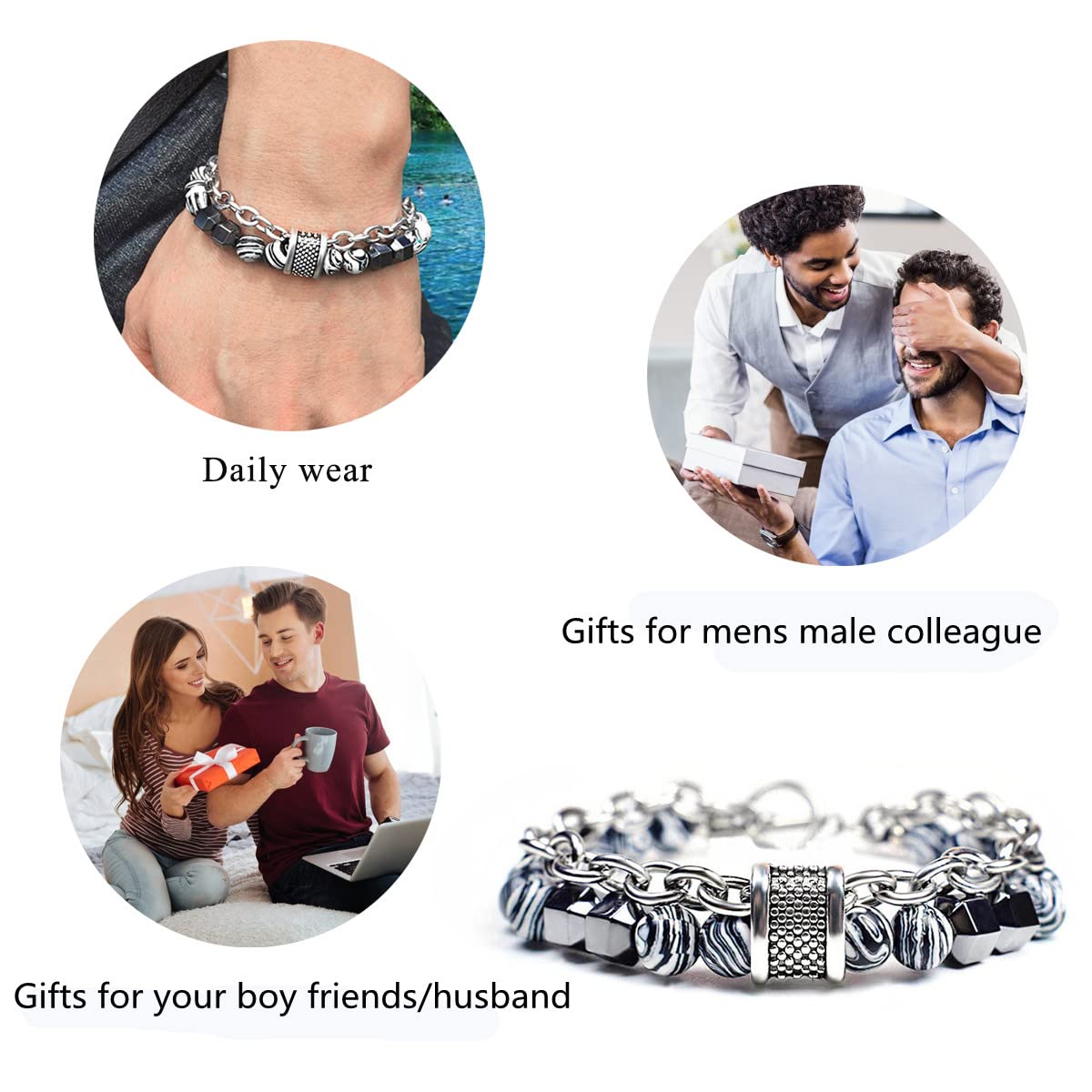 Nainsect Bead Bracelets Malachite Bracelet Metal Beads Hip Hop Gallstone Beaded Chain Bracelet Mens Beads Stretch Bracelet 2 PCS (Green+white)