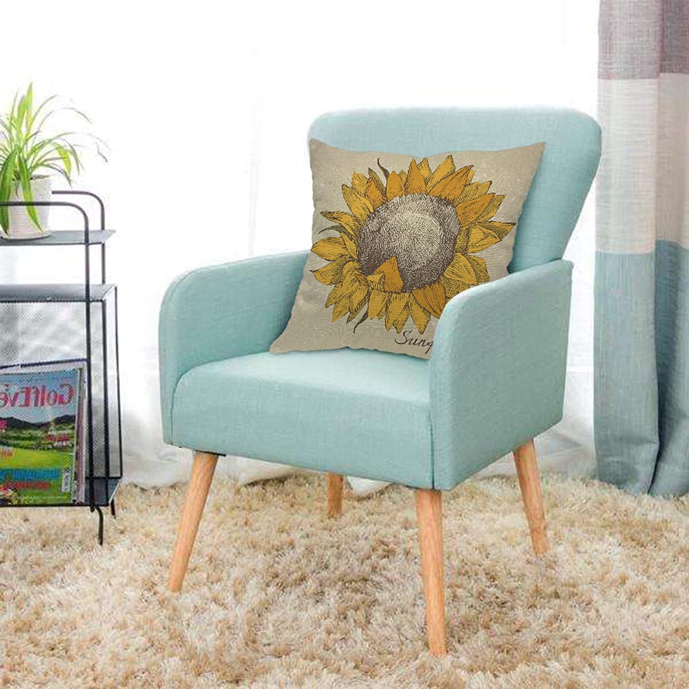 AOYEGO Sunflower in Retro Style Throw Pillow Cover Isolated Grid Floral Sketch Nature Plant Pillow Case 18x18 Inch Square Cushion Cotton Linen Decorative for Couch Bed Home
