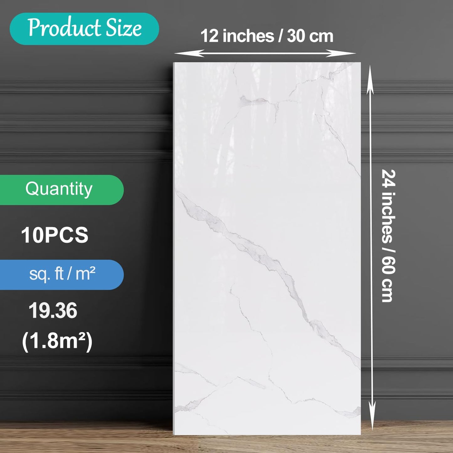 10-Pack Peel and Stick White Marble Wall Panels (11.8" x 23.6") – 19.4 Sq. Ft. Waterproof PVC Tiles for Kitchen, Bathroom, Living Room & Accent Walls – Heat-Resistant Self-Adhesive Backsplash Tiles
