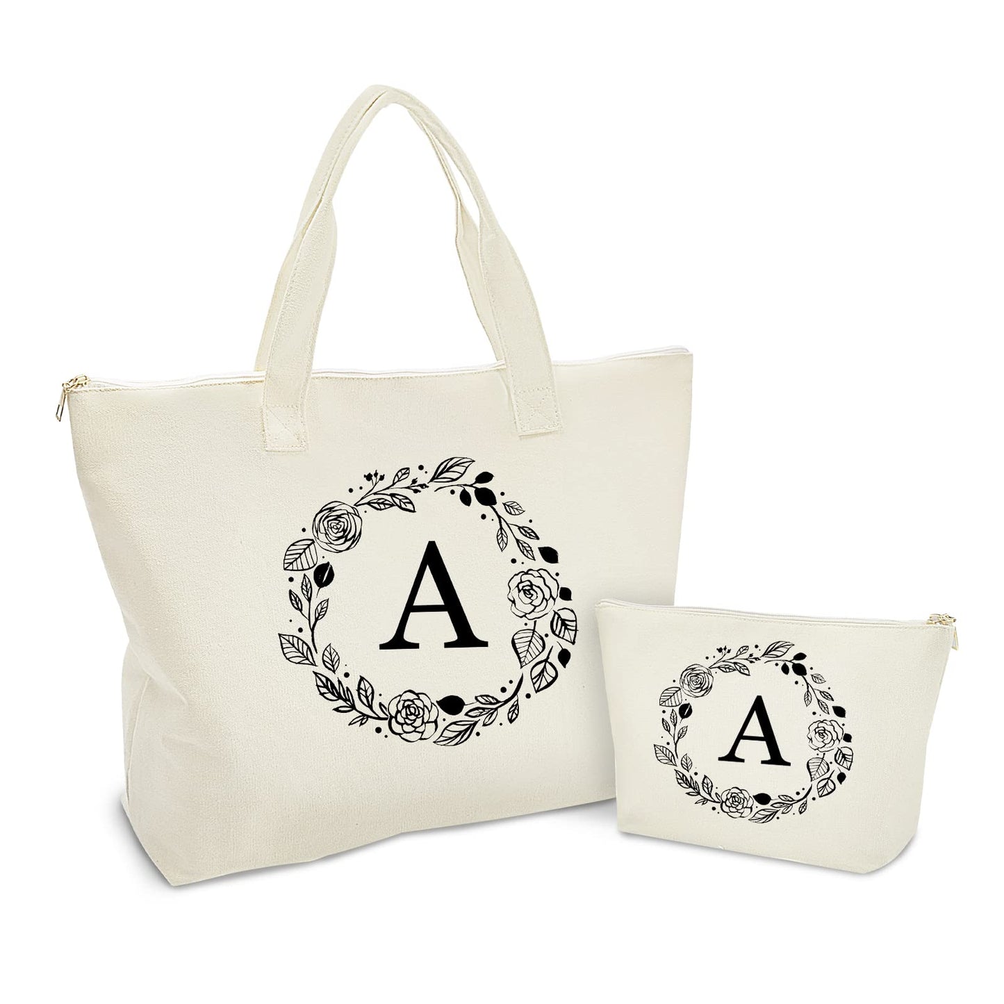 Personalized Initial Canvas Tote Bag with Zipper, Present Bag with Inner Pocket & Make Up Bag, Great Gifts for Women, Mom, Teachers, Friends, Bridesmaids