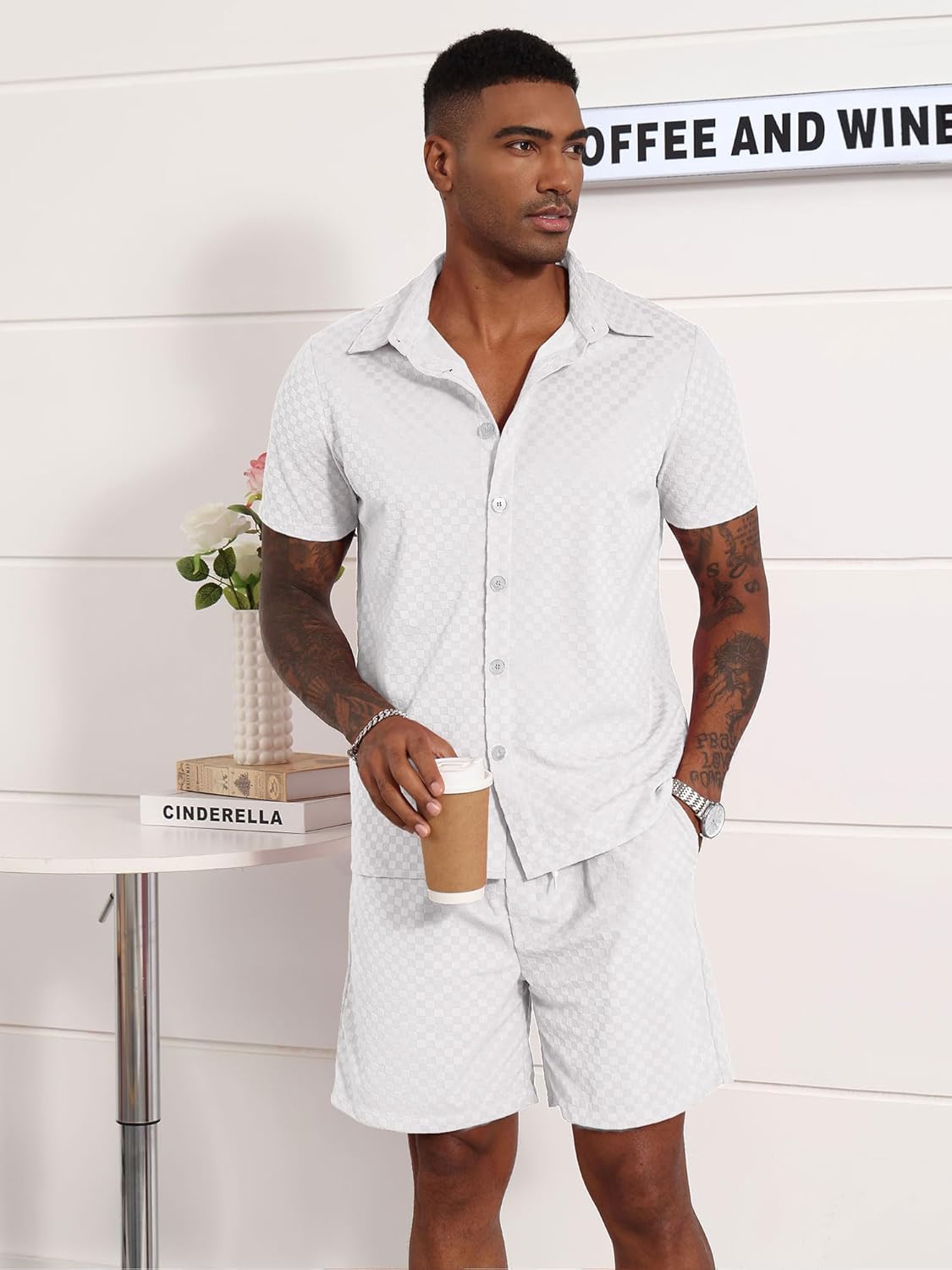 UOUA Mens Velour Tracksuit 2 Piece Outfits Short Sleeve Button Down Shirt and Short Sets Casual Sweatsuits White 3XL