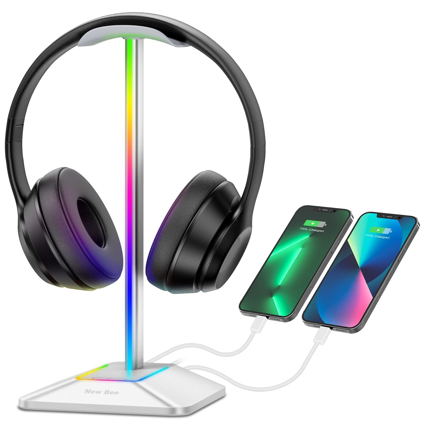 New bee RGB Headphone Stand with 1 USB-C Charging Port and 1 USB Charging Port, Desk Gaming Headset Stand with 7 Light Modes for All Earphone Accessories (Black)