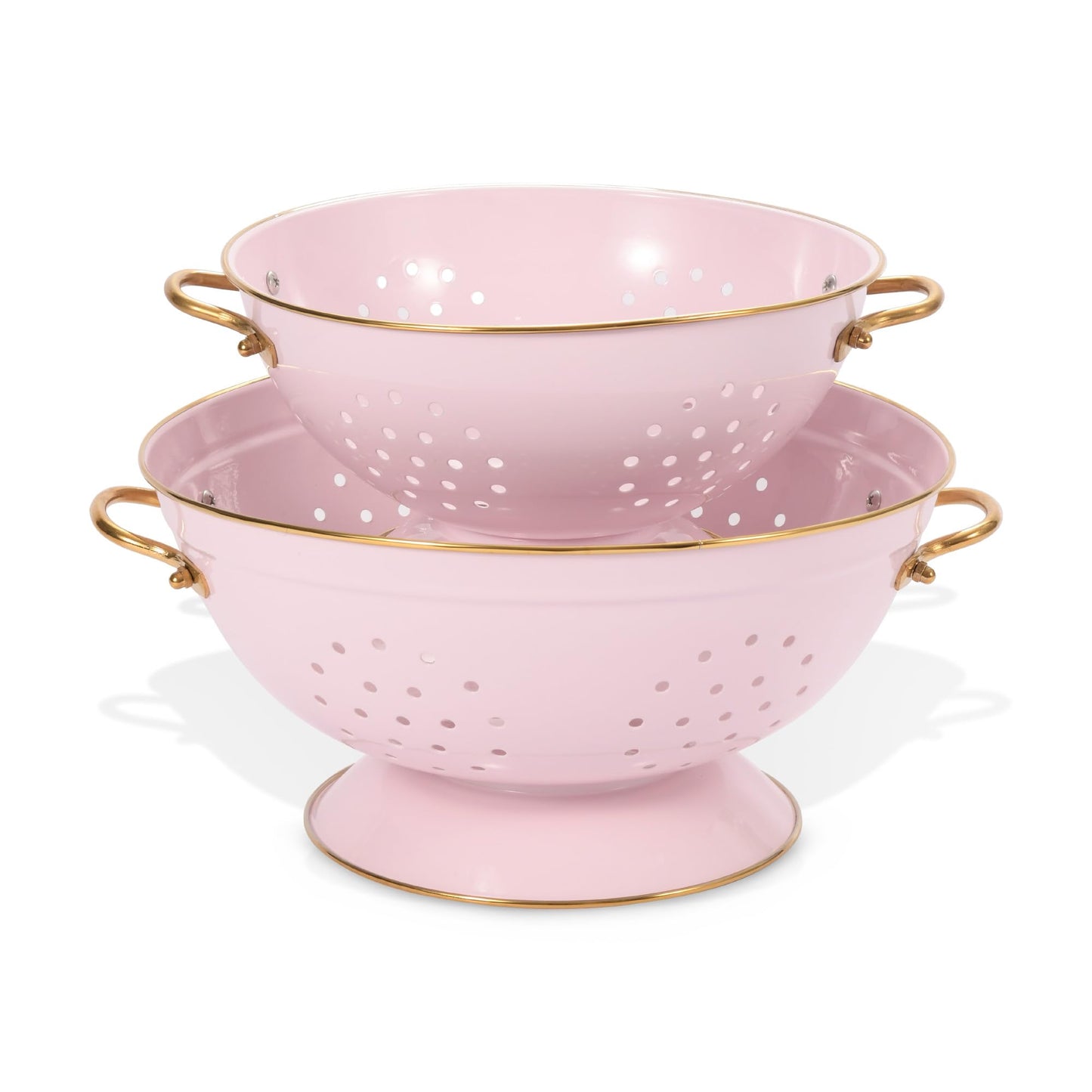 Metal Colander Set of 2, Strainer Basket with Handles 3.5 & 5 Qt Powder Coated Self-draining Solid Ring Base Metal Large Kitchen Colander Bowel for Pasta Vegetable Fruit (PINK)