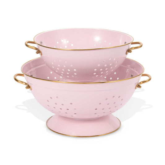Metal Colander Set of 2, Strainer Basket with Handles 3.5 & 5 Qt Powder Coated Self-draining Solid Ring Base Metal Large Kitchen Colander Bowel for Pasta Vegetable Fruit (PINK)