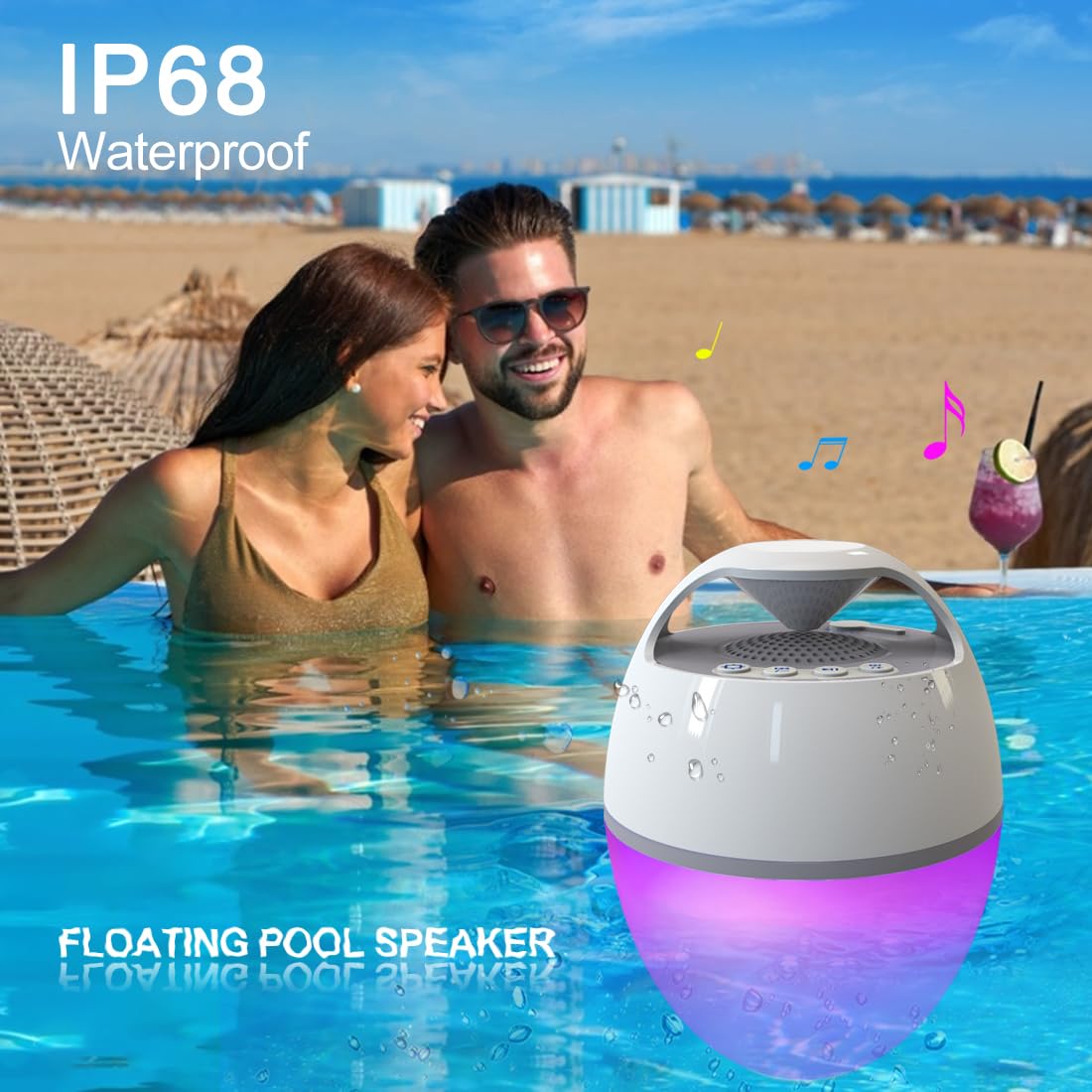 Blufree Floating Pool Speaker With Lights, Portable Bluetooth IP68 Waterproof Hot Tub Speaker for Outdoor Sports Home Party, Louder Volume, Rich Bass, Mic, 82 ft Wireless Range
