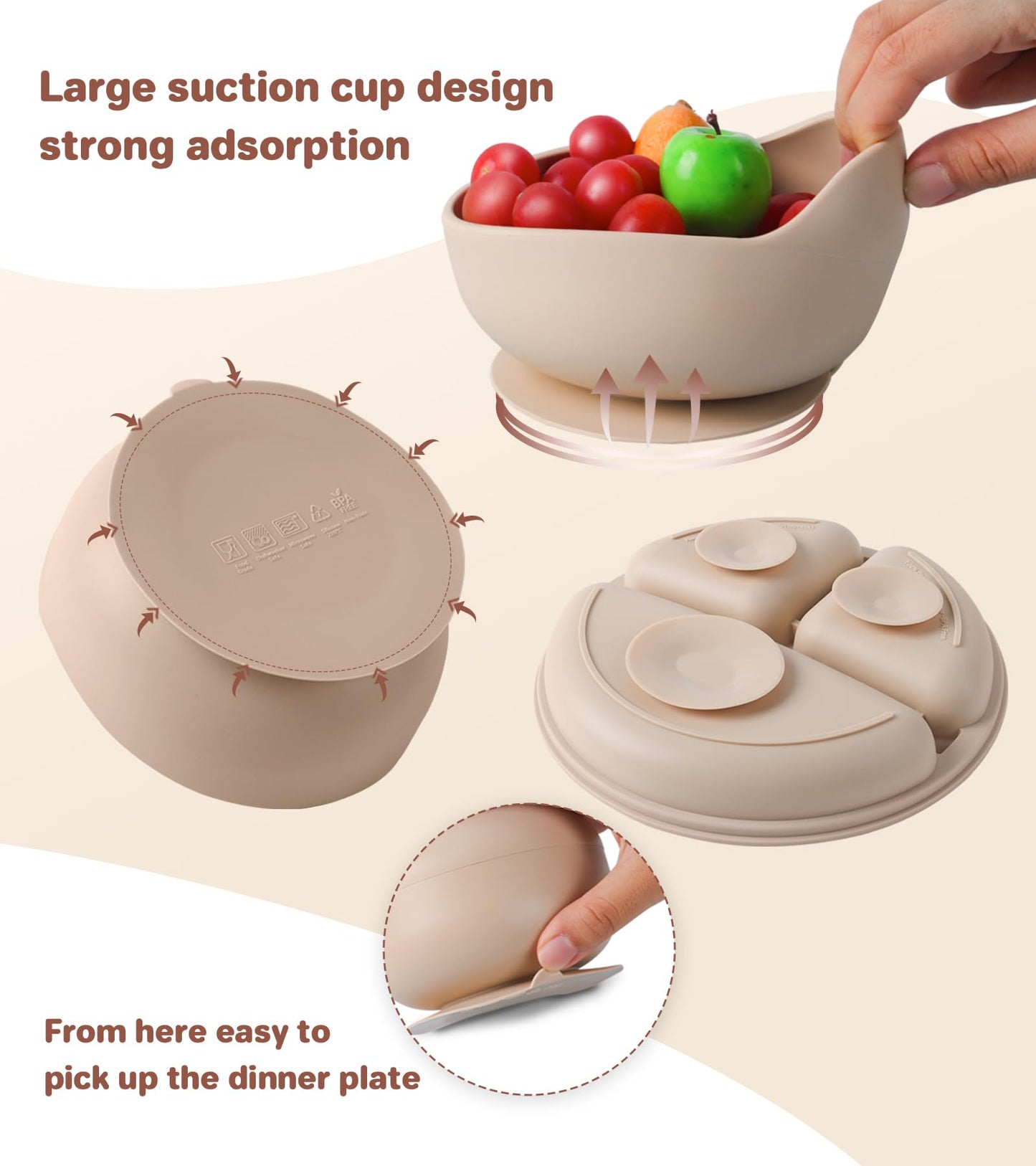 ECLIP Silicone Baby Feeding Set, 10 Pcs Baby Eating Essentials with Suction Bowl Divided Plate Adjustable Bib Soft Spoon Fork Snack Cup with Lid Drinking Cup, Utensil (Beige)