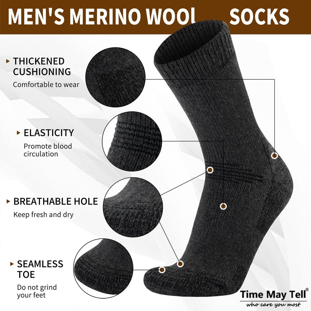 Time May Tell Mens and Womens Merino Wool Hiking Cushioning Socks For Outdoor Wool-Socks-For-Men 3 Pack (Dark gray(3 Pairs) US Size 9-13