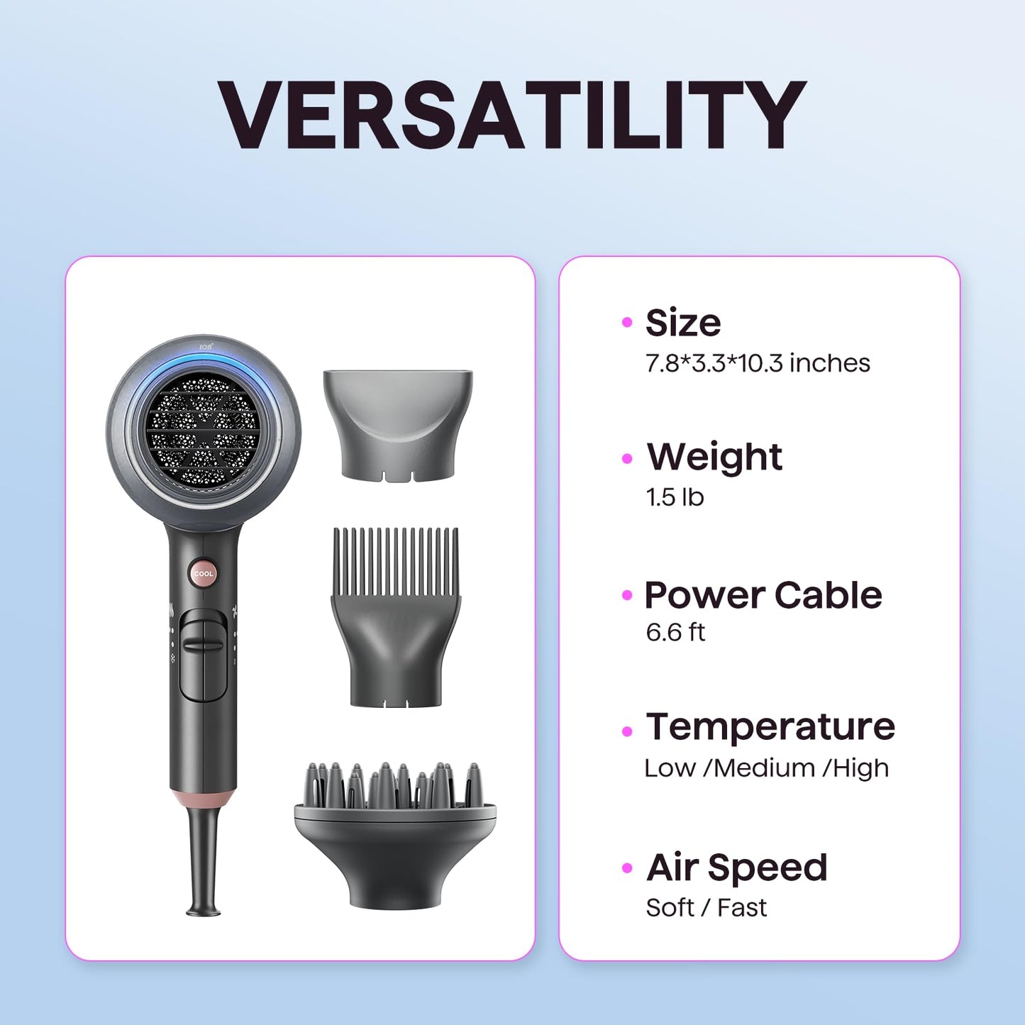 Wavytalk Blow Dryer, Blown Away Ionic Hair Dryer for Curly Hair with Diffuser, 1875W Fast Drying Blow Dryer with Ceramic Technology, 3 Attachments for All Hair Types, Light and Quiet, Grey