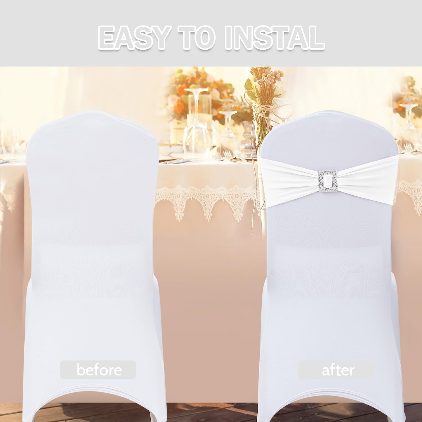 Joccun 30 PCS Spandex Chair Sashes Bows Stretch Chair Cover Band with Buckle Slider Universal Elastic Chair Ties for Wedding Banquet Party Event Decoration (White)