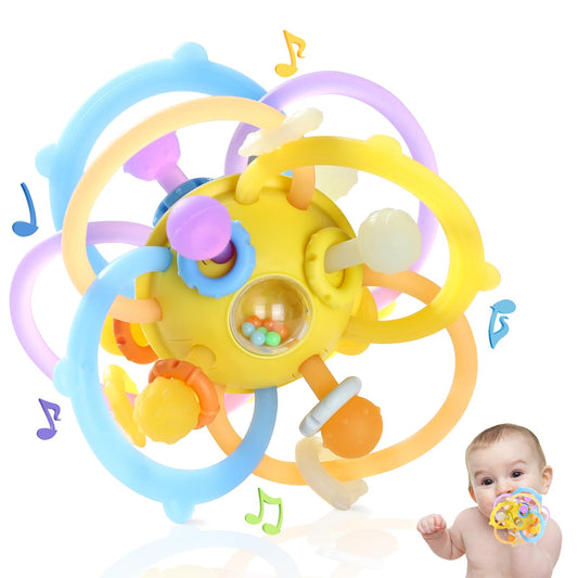 Orzbow Baby Sensory Teething Toys, Infant Montessori Teether Ball, Silicone Baby Rattle Ball Toy, Babies Chew Toys for 3-6-12-18 Months Sucking Needs, Teethers Relief, BPA Free, Brown