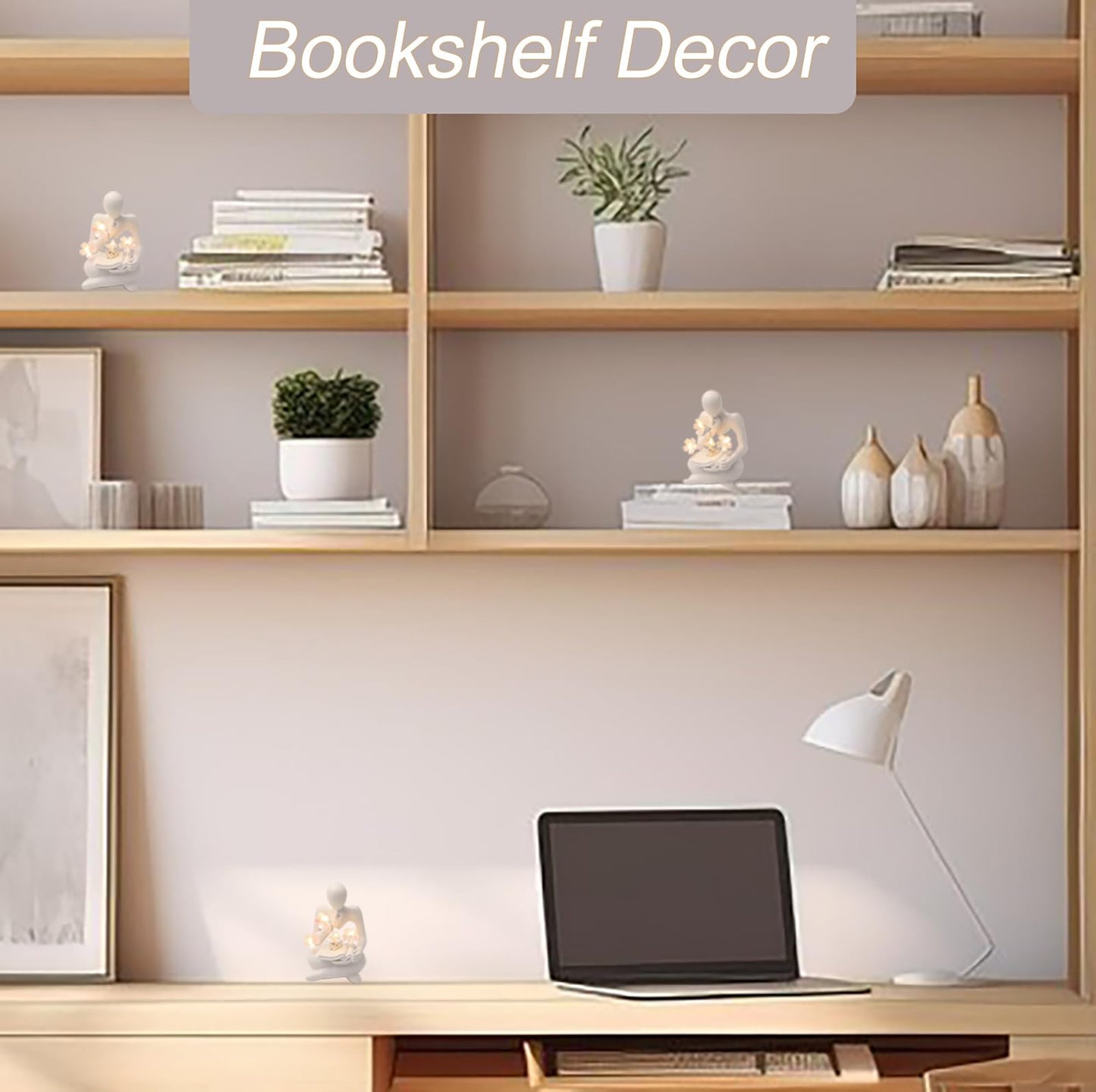 Bookshelf Decor Thinker Statue, Battery Powered Night Light, Modern Abstract Reading Figurines Home Decoration, Living Room Office Shelf Table Desk Decor, Aesthetic Gift