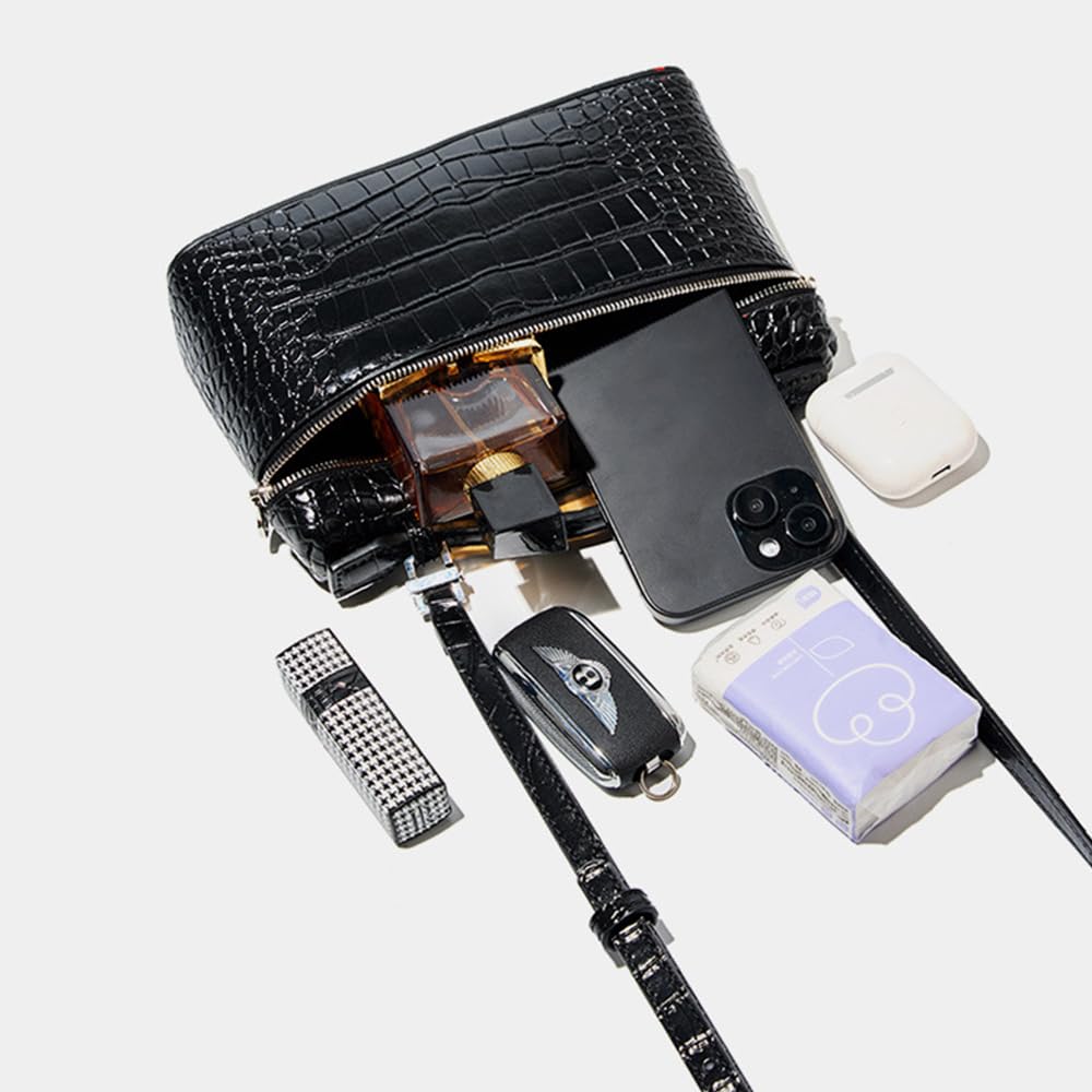 Rejolly Crossbody Bag for Women Small Top-Handle Pouch Purse Designer Shoulder Handbag Quiet Luxury Leather Trendy Purse Crocodile Black