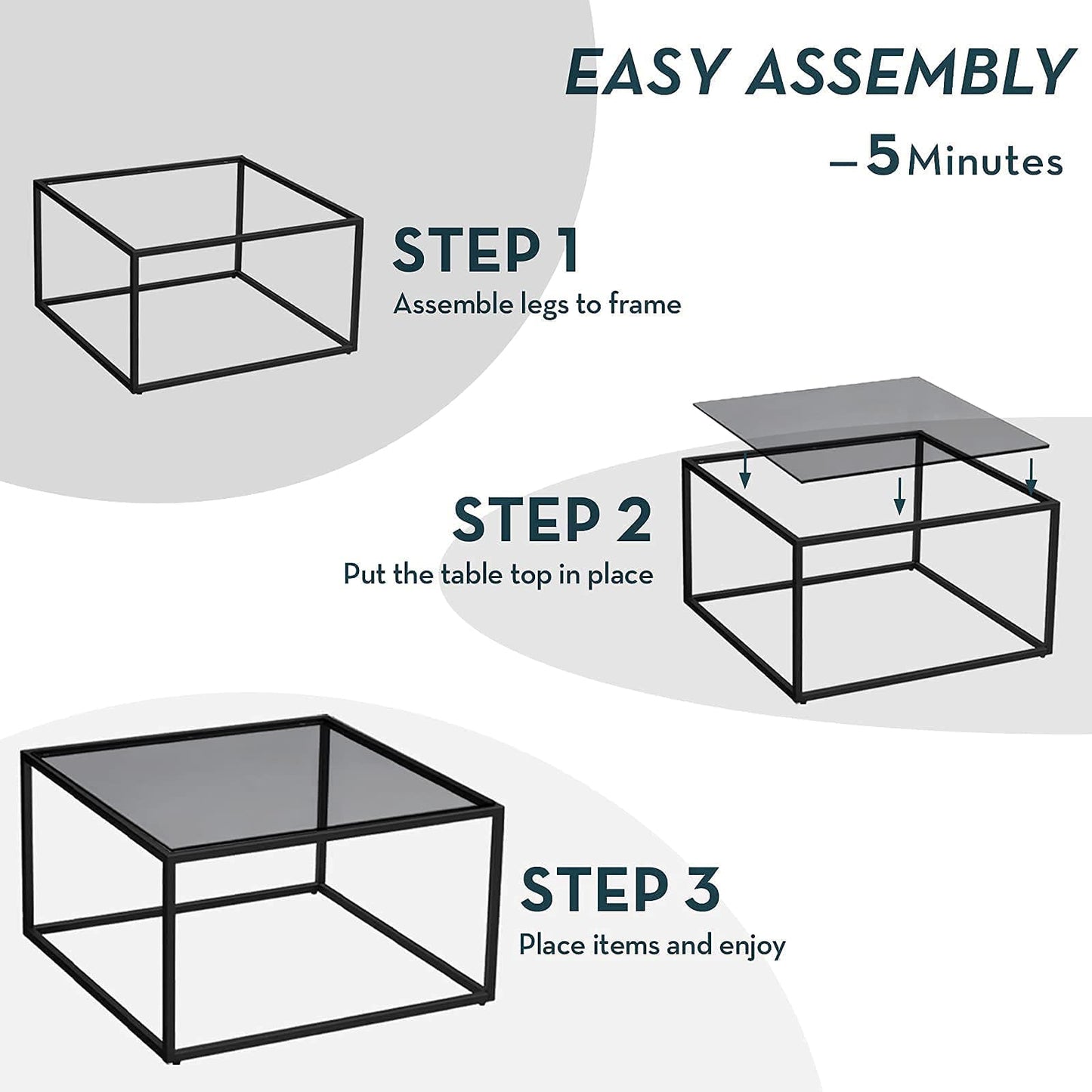 SAYGOER Glass Coffee Table, Small Modern Coffee Table Square Simple Center Tables for Living Room 26.7 x 26.7 x 17.7 Inches, Gray Black