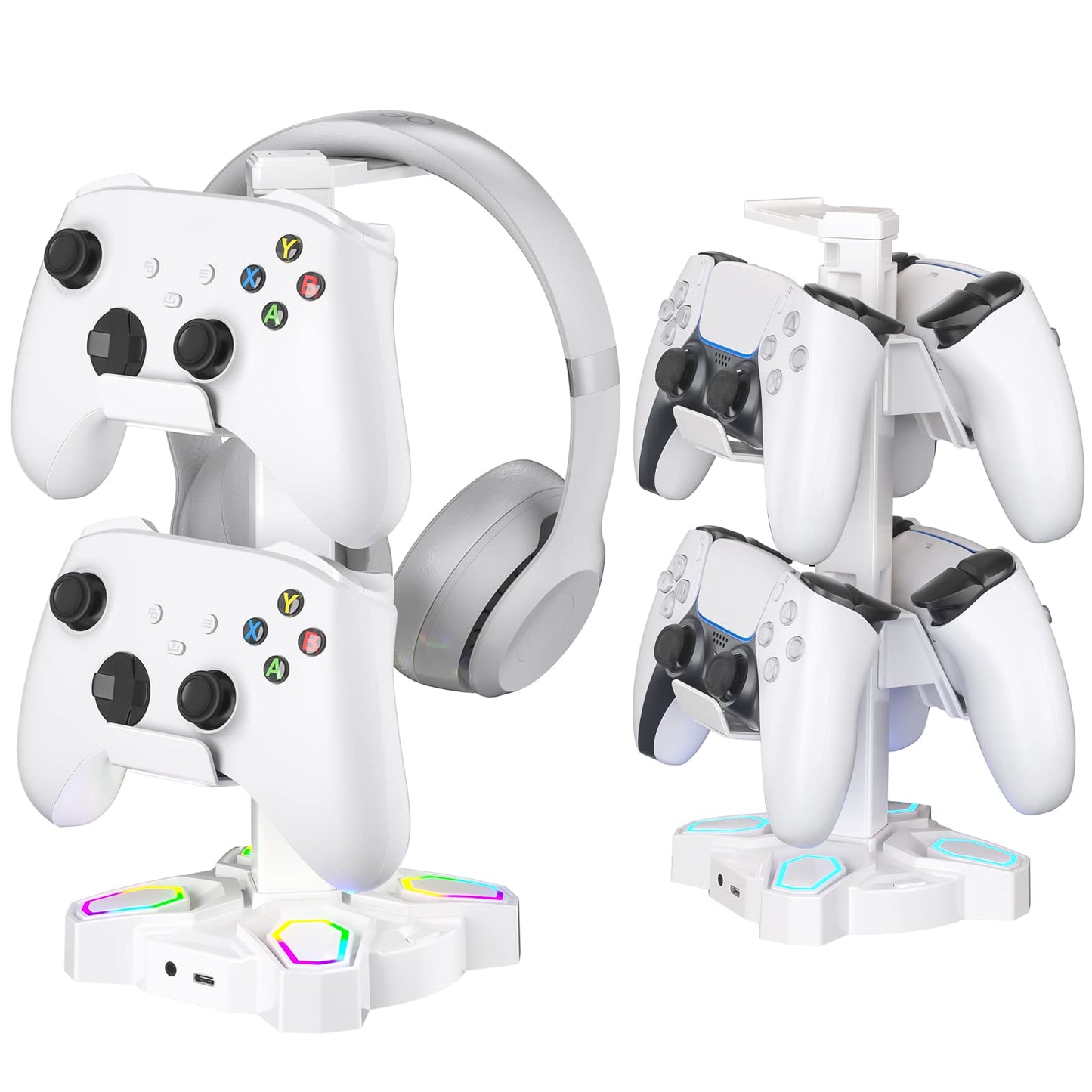 KDD Gaming Headphones Stand, Rotatable Headset Stand with Light Modes - Controller Holder with 2 USB Charging Ports and 3.5mm - Earphone Hanger Accessories for Desktop Gamer(White)