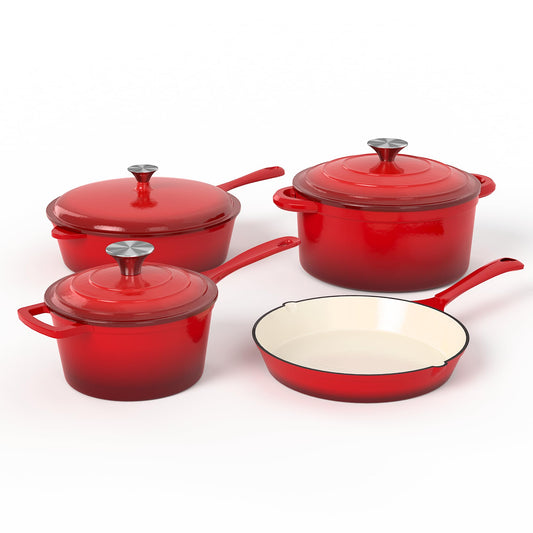 MAISON ARTS Enamel Cast Iron 7 Piece Cookware Set, Heavy Duty Dutch Ovens Pot with Lid, Red Non Stick Pots and Pans Sets, Oven Safe up to 500°F