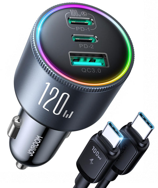 JOYROOM 120W Super Fast Car Charger USB C, 3-Port PD100W+PD35W Car Charger for iPhone 16 with USBC Cable, Type C Fast Charging Adapter for iPhone 16e/15 Pro Max, Samsung Galaxy S25 S24, iPad, Laptop