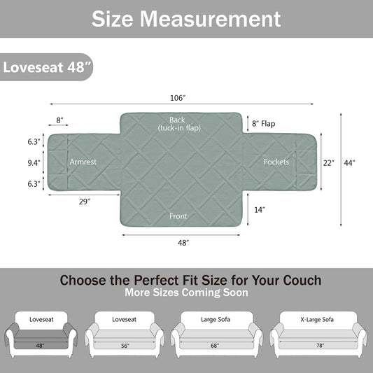 Pamhaven Backless Loveseat Covers for 2 Cushion Couch, Water-Repellent Covers for Leather Sofa Couch, Machine Washable Quilted Couch Covers, Pet Friendly Loveseat Slipcovers (Loveseat 48", Sage Green)